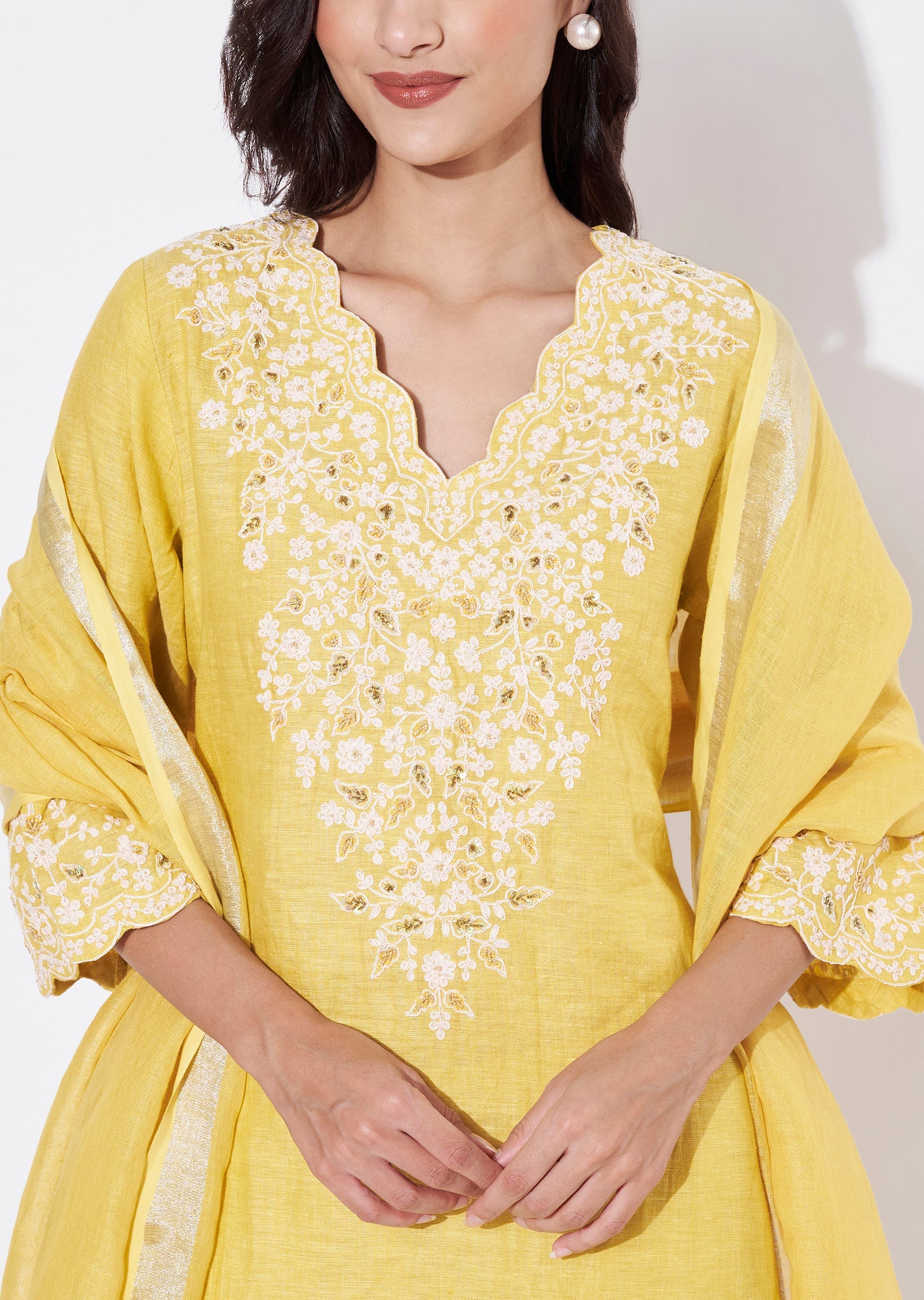 Light Yellow Cotton Straight Cut Suit