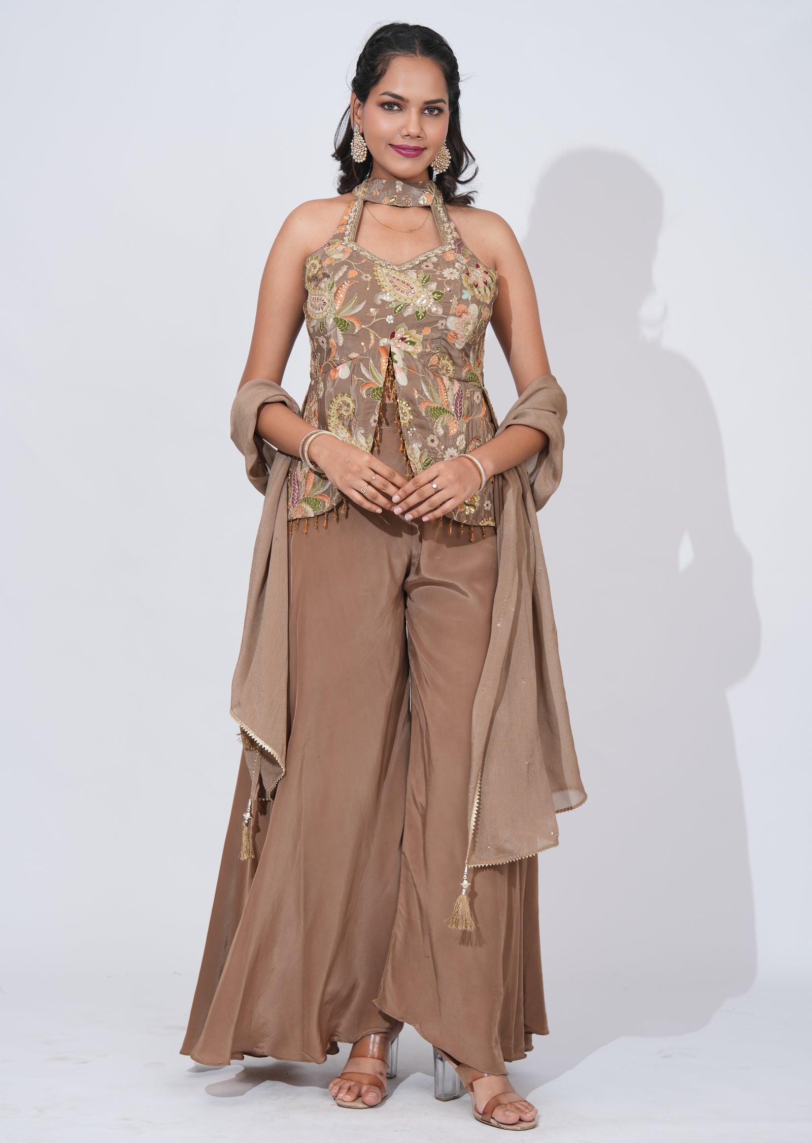 Beige Chinnon Sharara Set