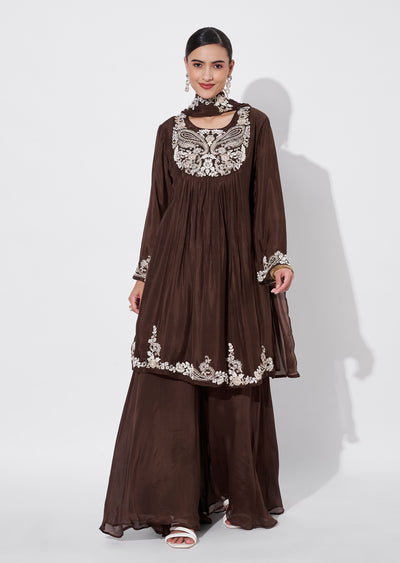 Brown Chinnon Sharara Set