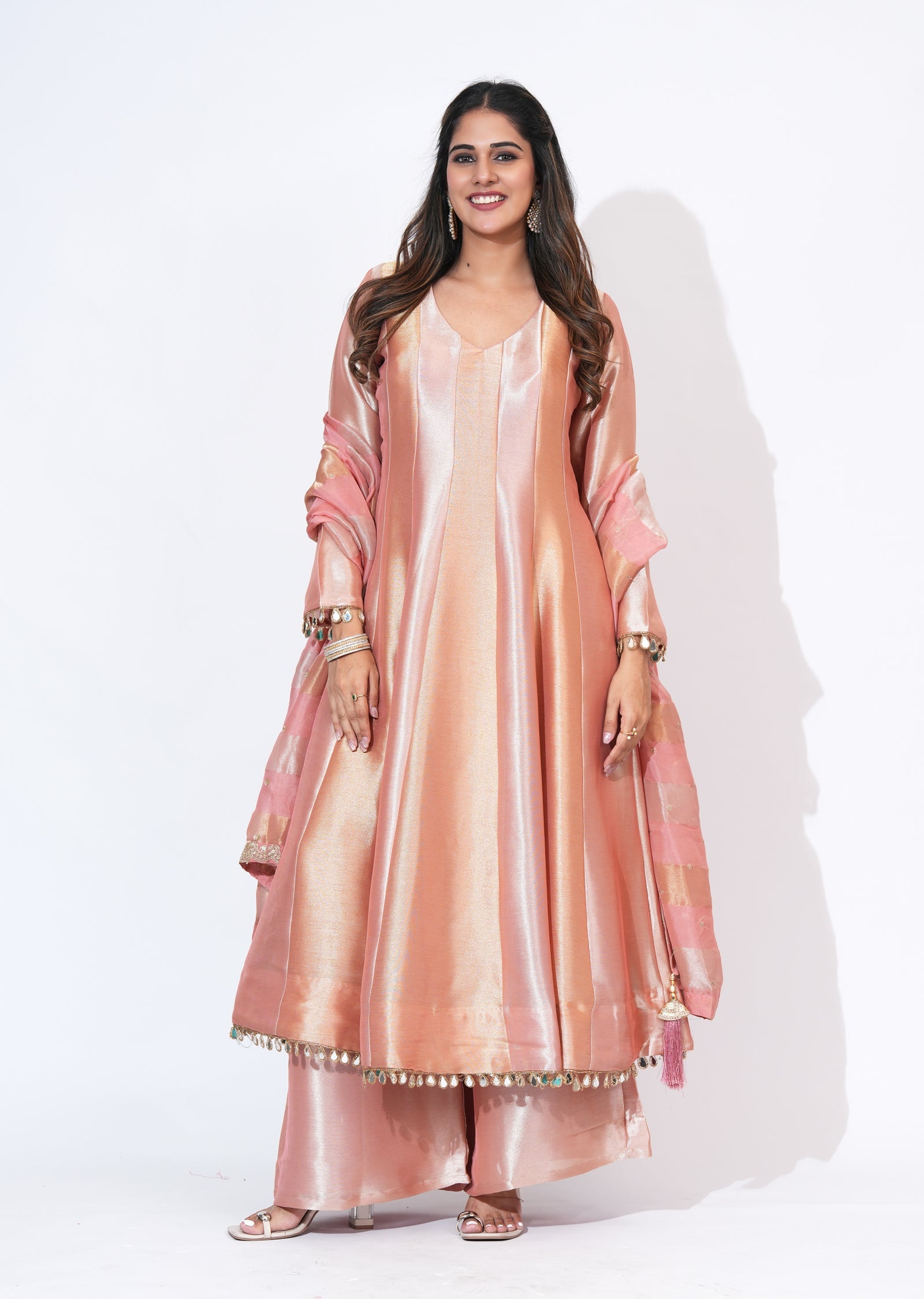 Peach Tissue Anarkali Set