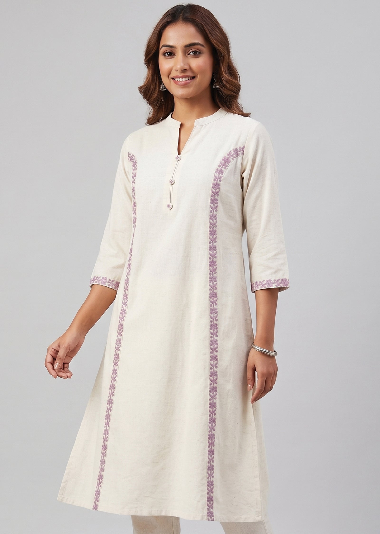Cream & purple Cotton Kurti Set