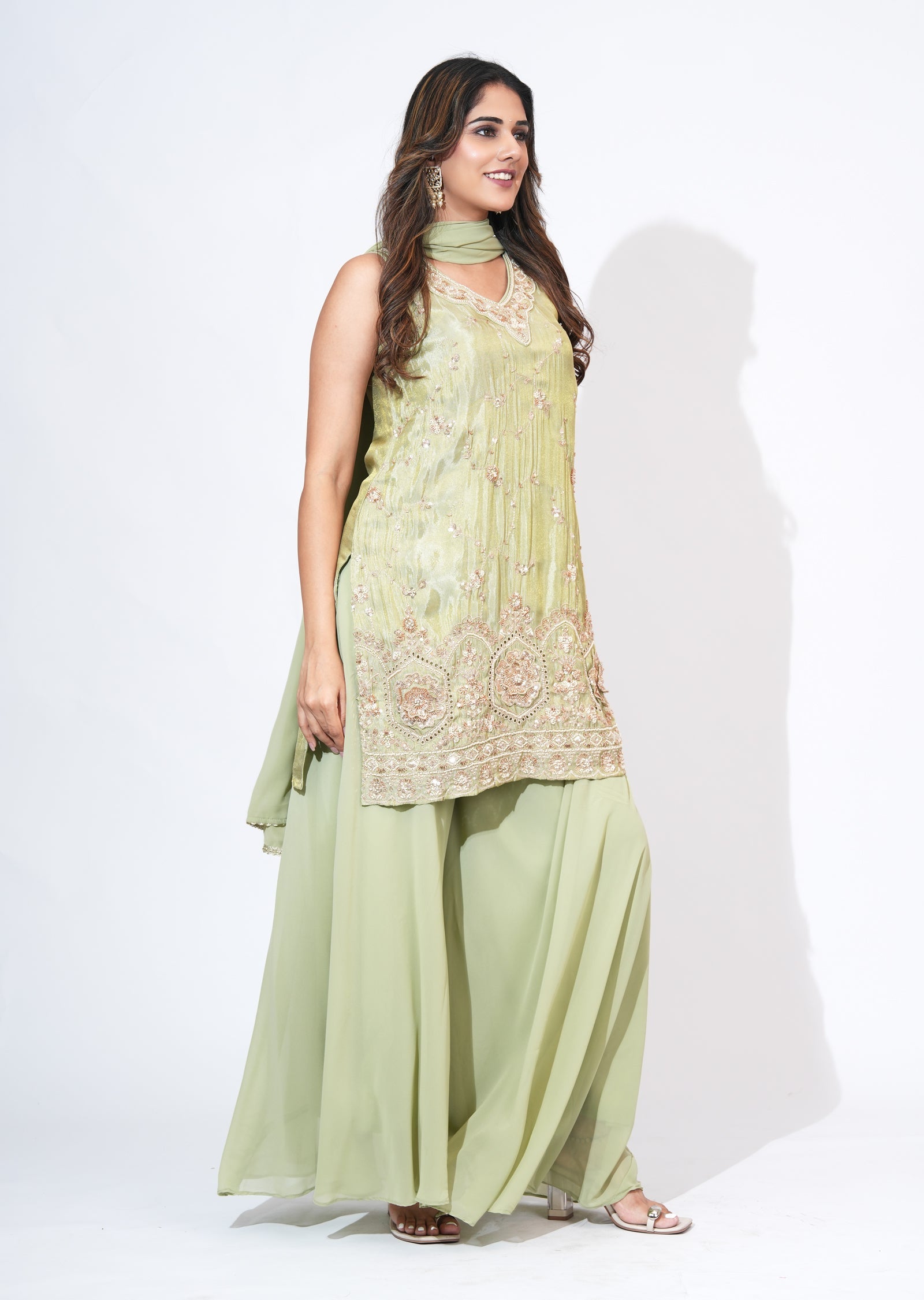 Green Tissue Sharara Set