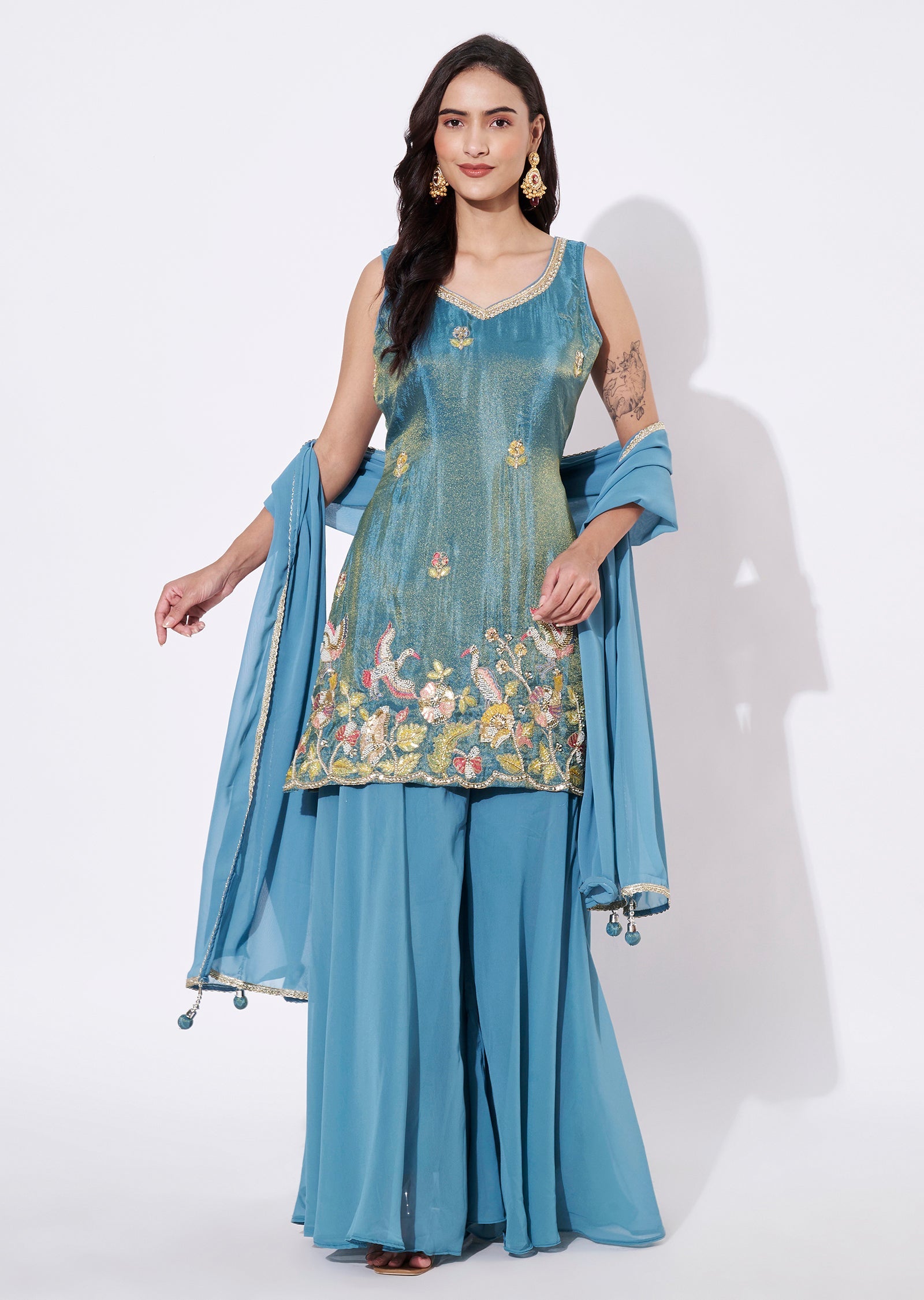 Blue Tissue Sharara Set