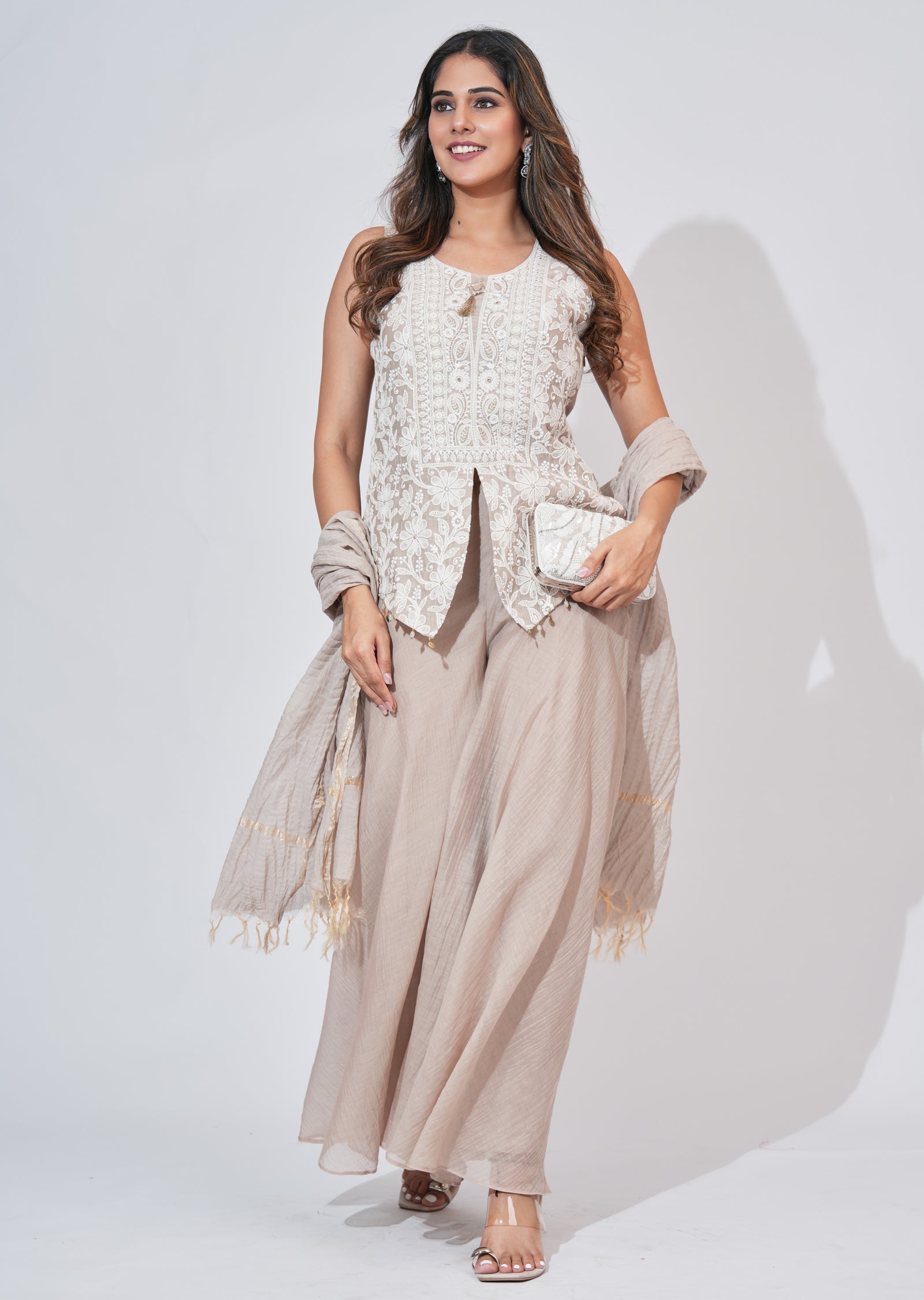 Beige Silk Sharara Set