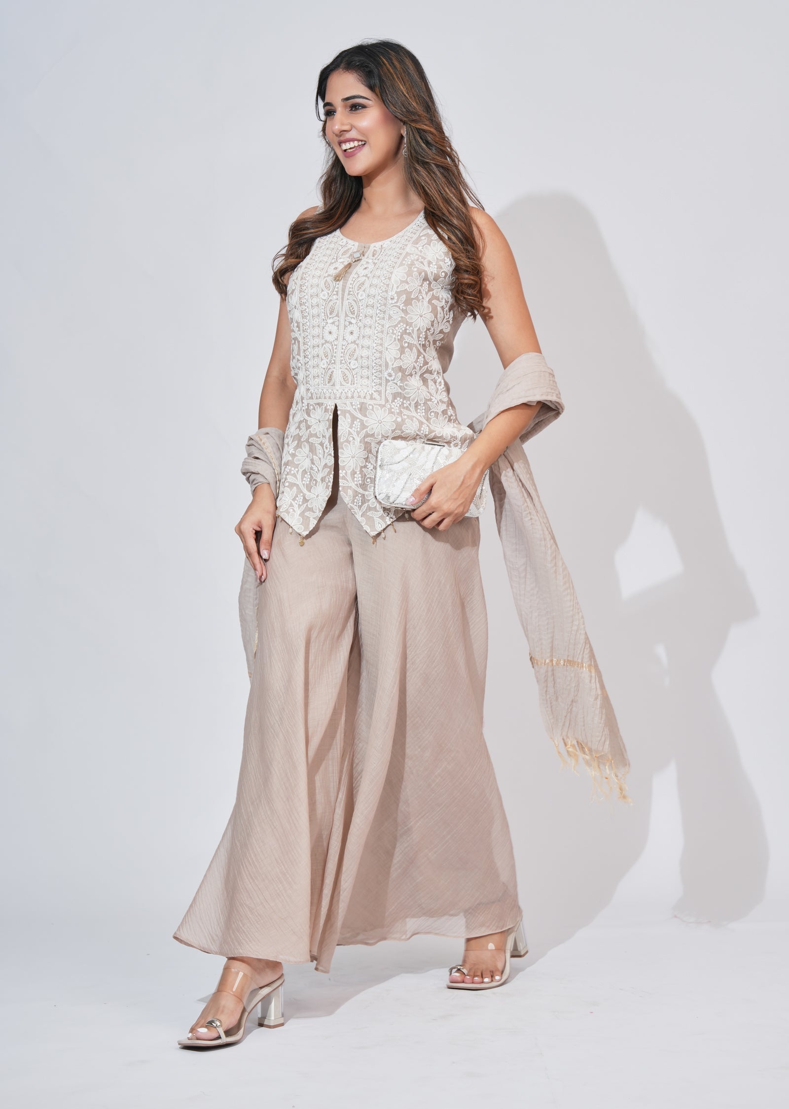 Beige Silk Sharara Set