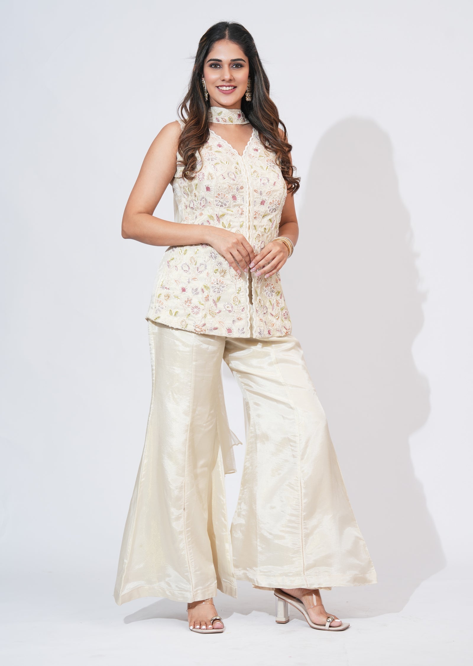 Cream Tissue Sharara Set