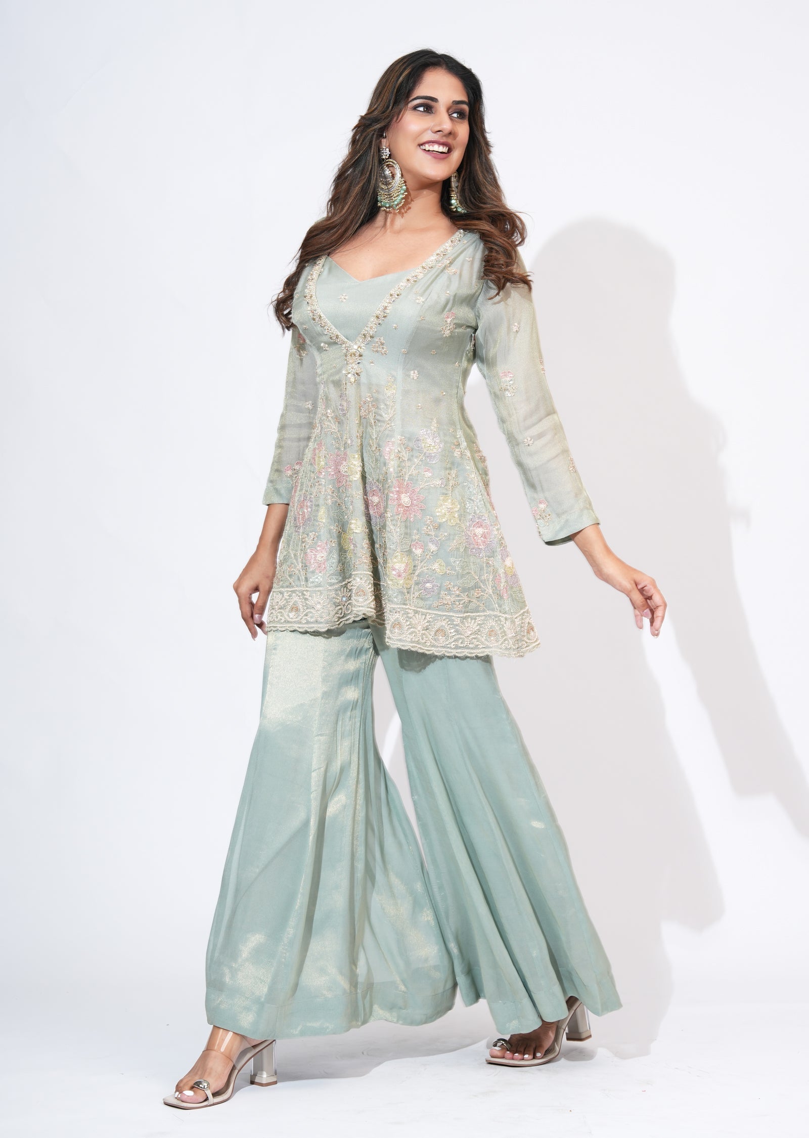 Green Tissue Sharara Set