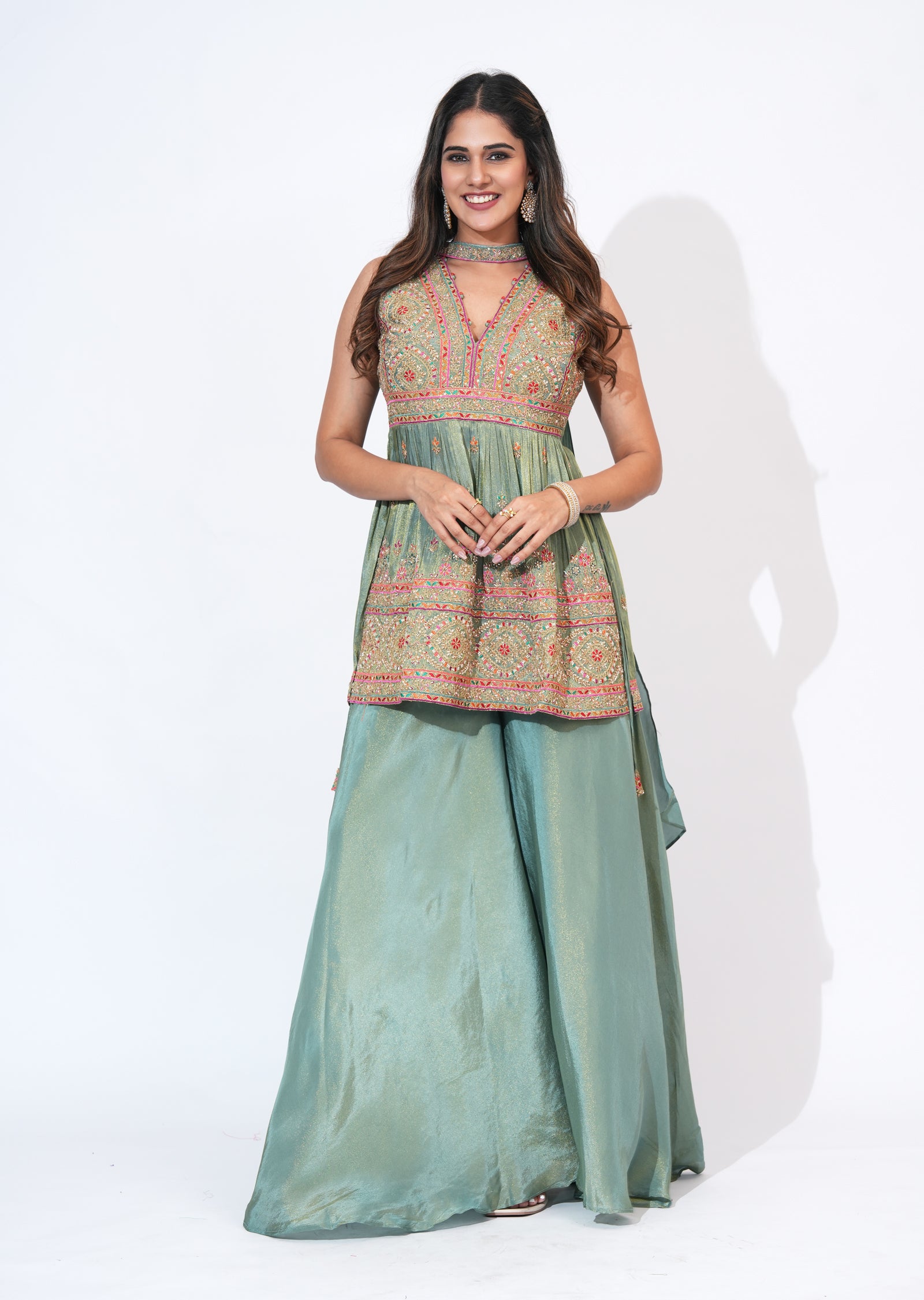 Green Tissue Sharara Set