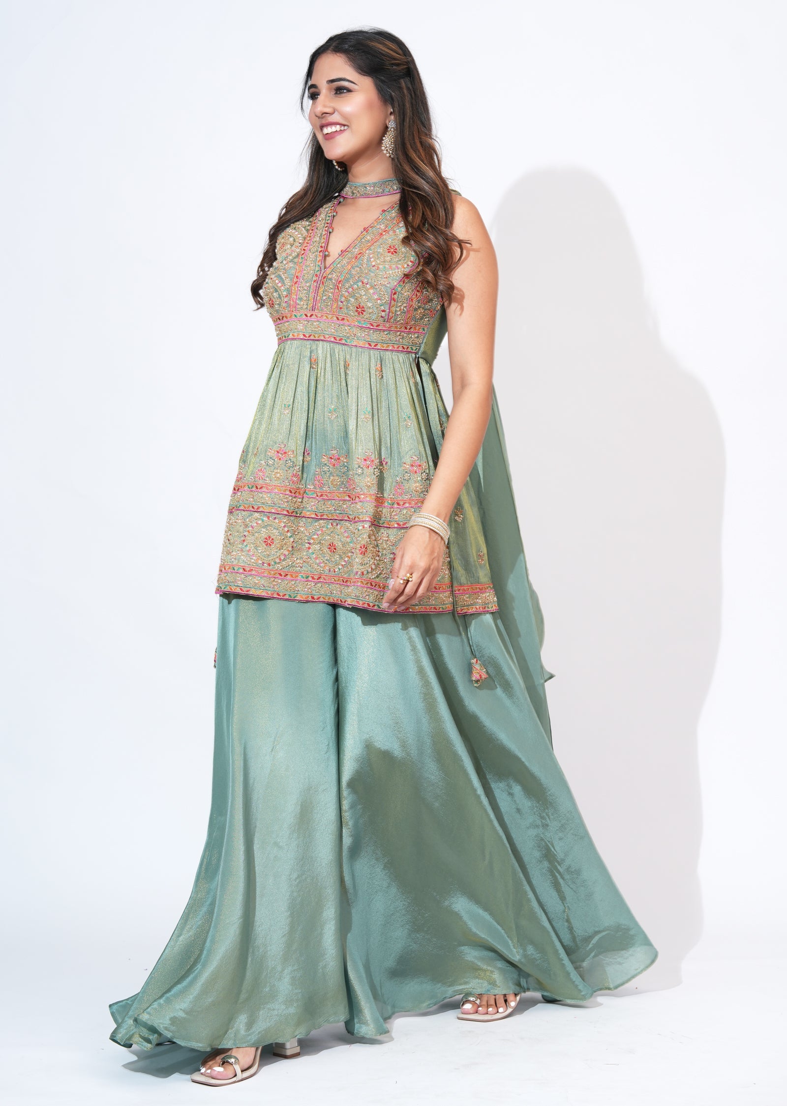 Green Tissue Sharara Set