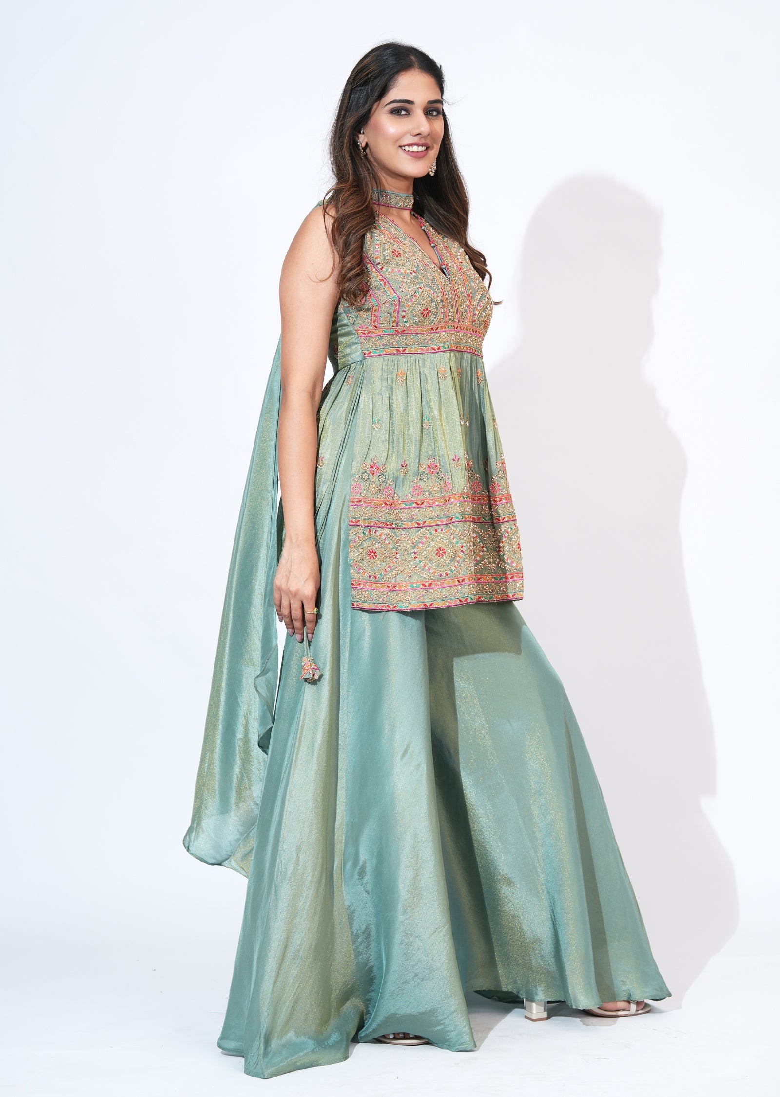 Green Tissue Sharara Set