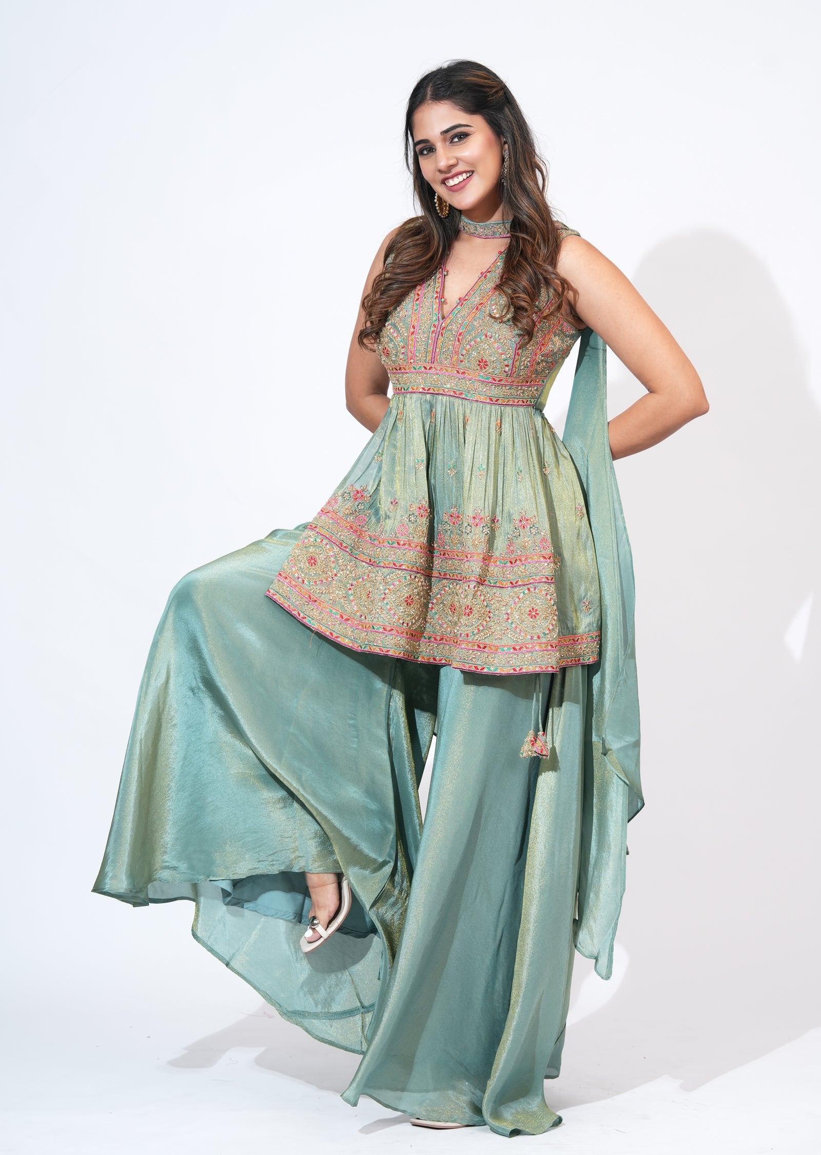 Green Tissue Sharara Set