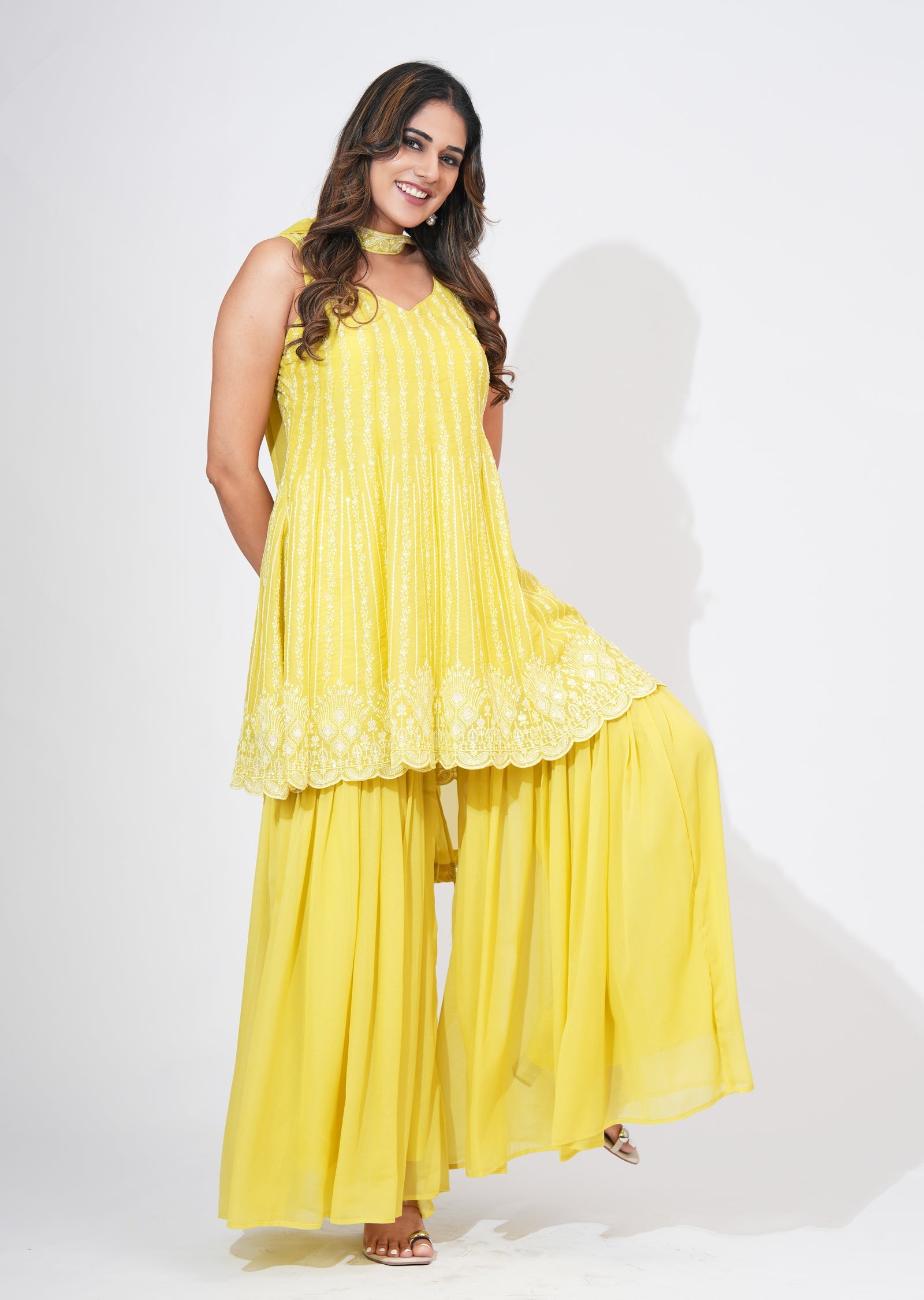 Yellow Georgette Sharara Set