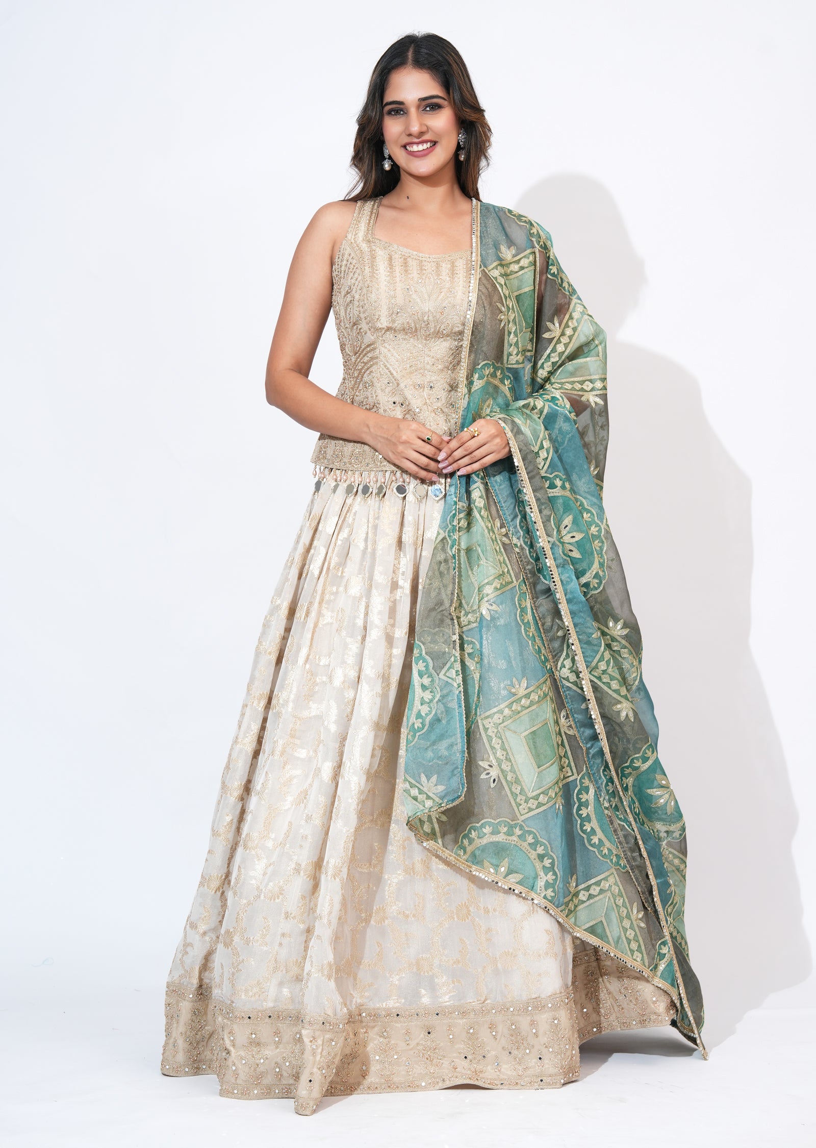 Cream Tissue Lehenga Set
