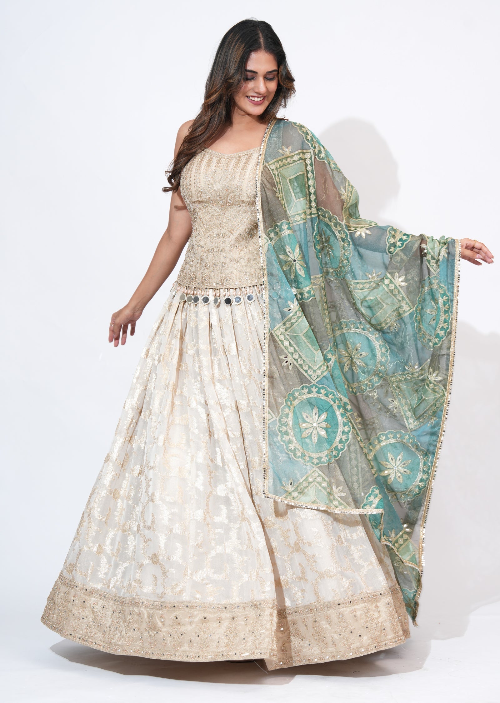 Cream Tissue Lehenga Set