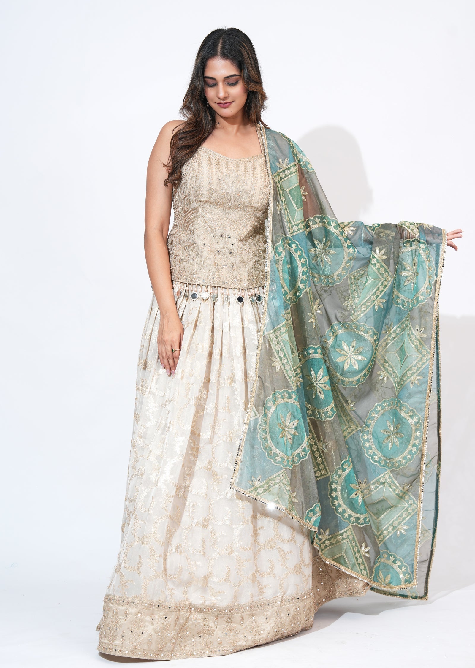 Cream Tissue Lehenga Set