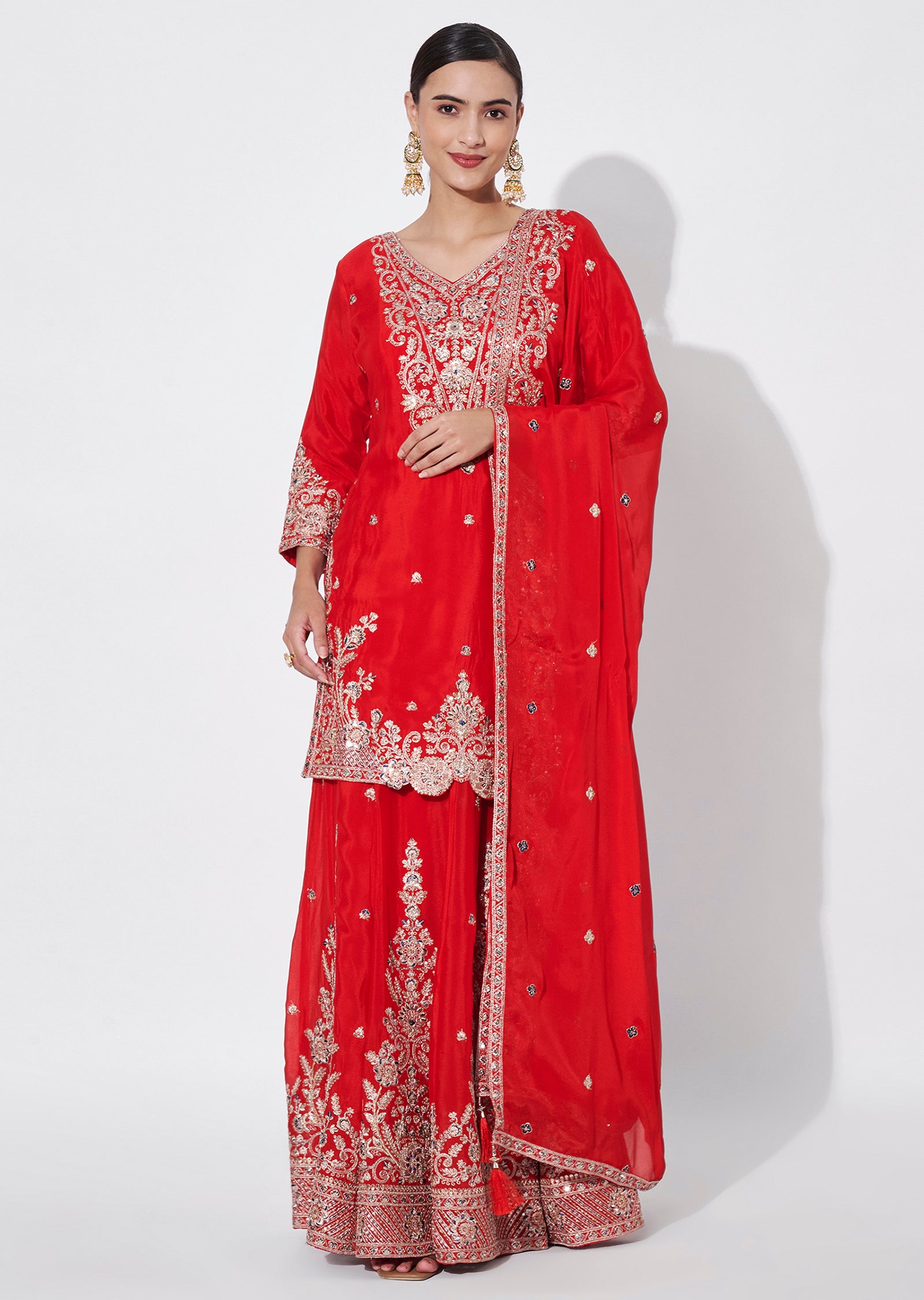 Red Chinnon Sharara Set