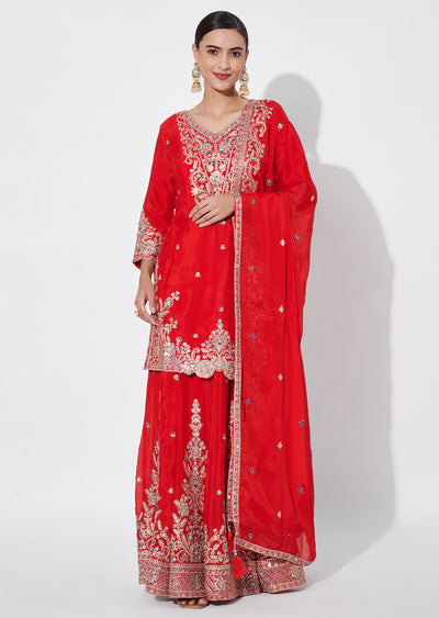 Red Chinnon Sharara Set