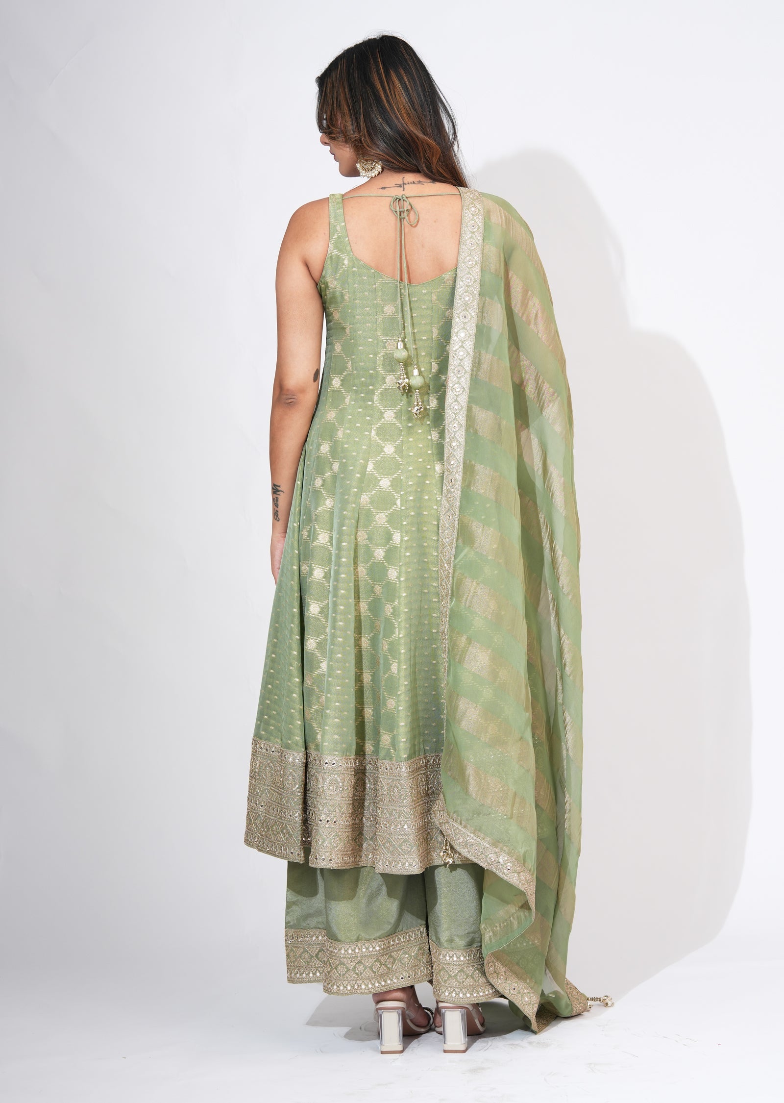 Green Tissue Anarkali Set