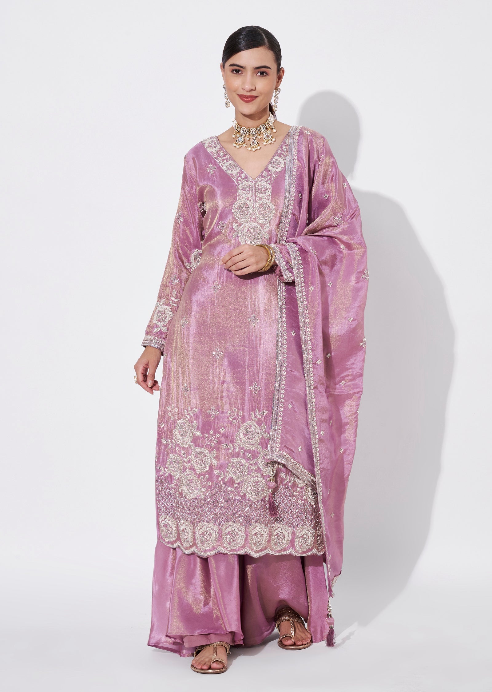 Onion Pink Tissue Sharara Set