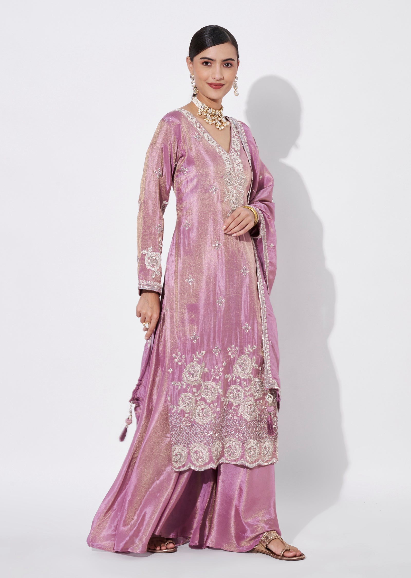 Onion Pink Tissue Sharara Set