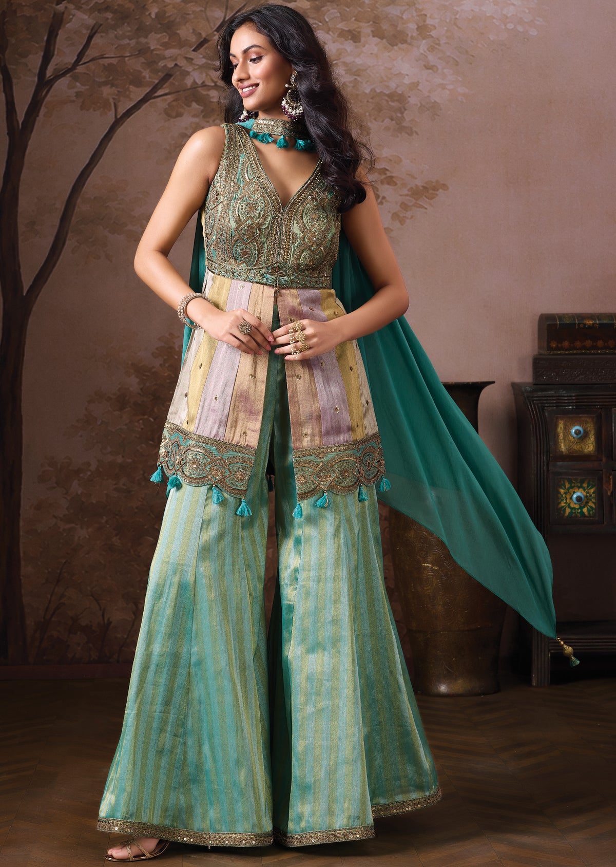Dusty Green Tissue Sharara Set