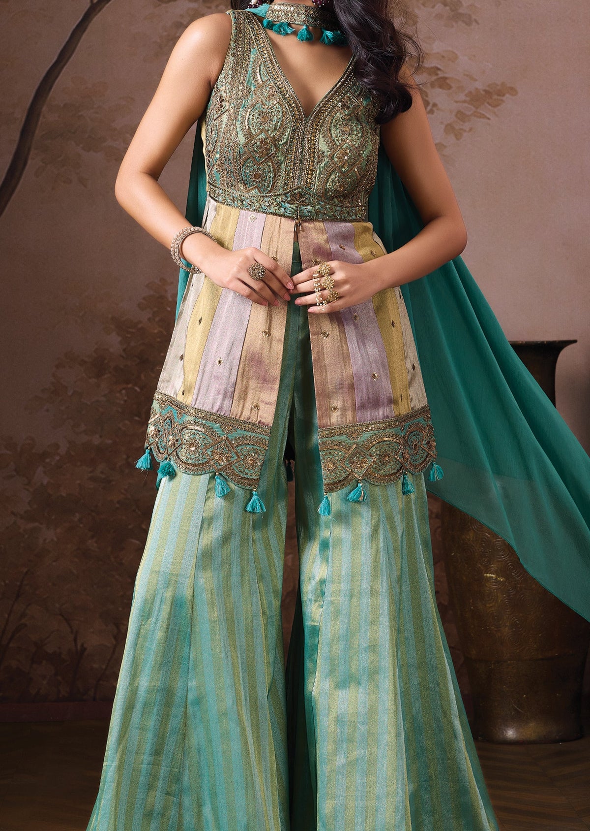 Dusty Green Tissue Sharara Set