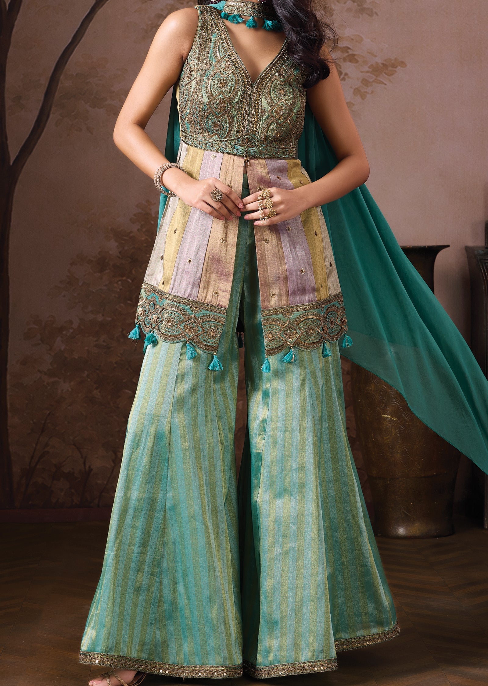 Dusty Green Tissue Sharara Set