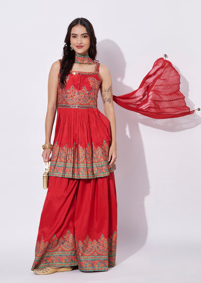 Red Silk Sharara Set
