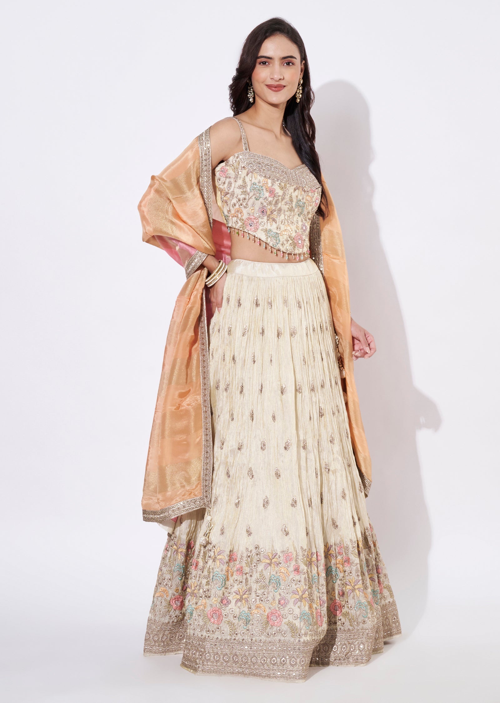 Cream Tissue Lehenga Set