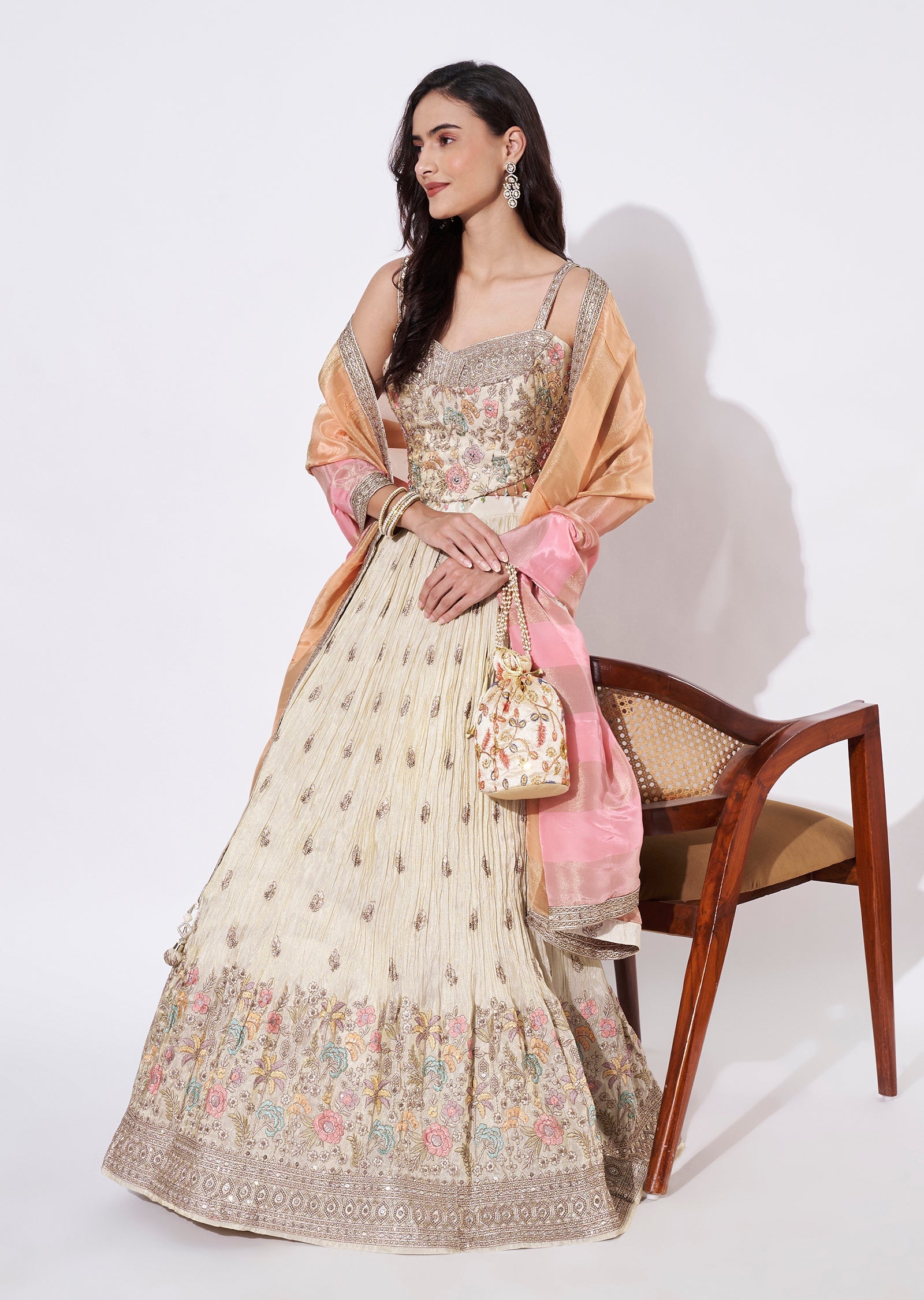 Cream Tissue Lehenga Set