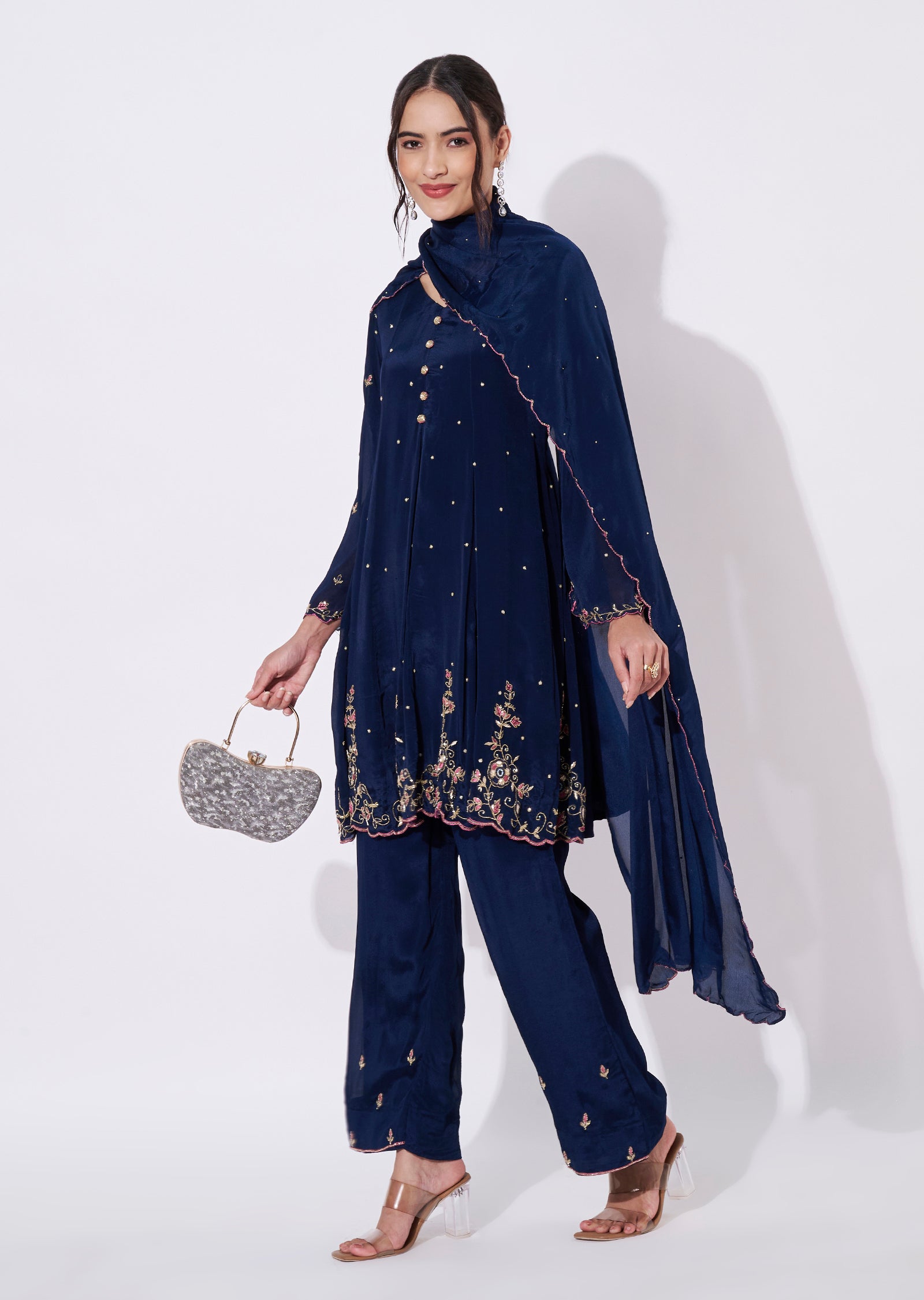 Navy Blue Chinnon Sharara Set