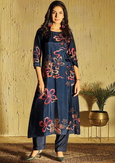 Navy Blue Dola Silk Kurti Set