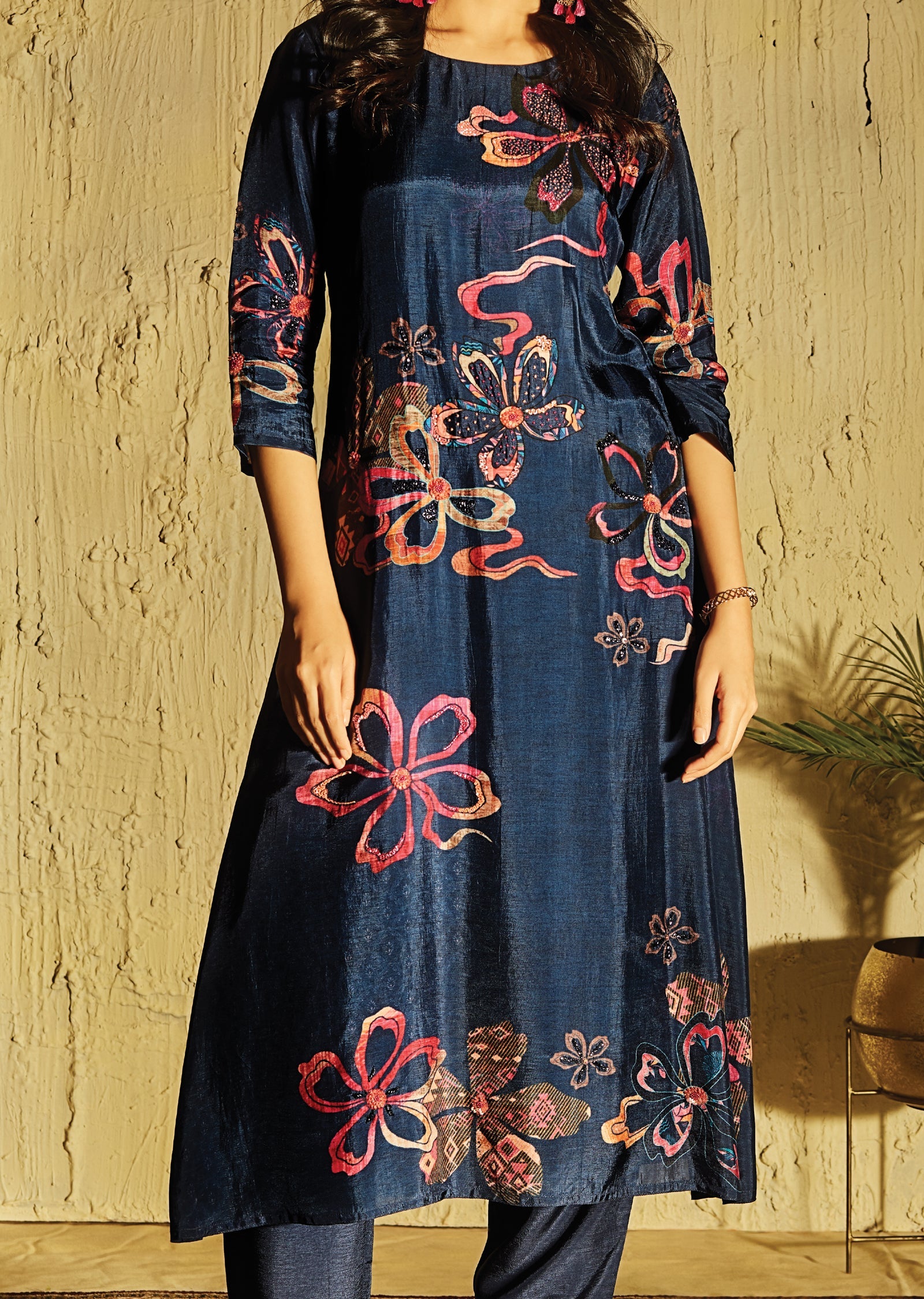 Navy Blue Dola Silk Kurti Set