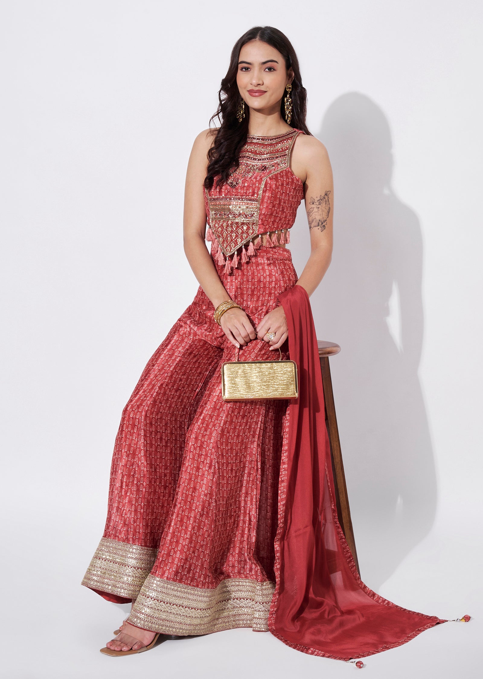 Maroon Chinnon Indowestern set