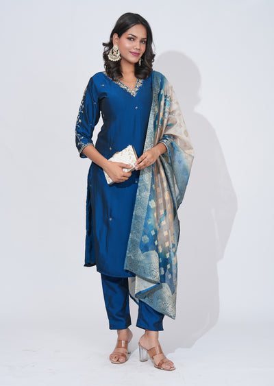 Teal Blue Silk Straight cut Suit