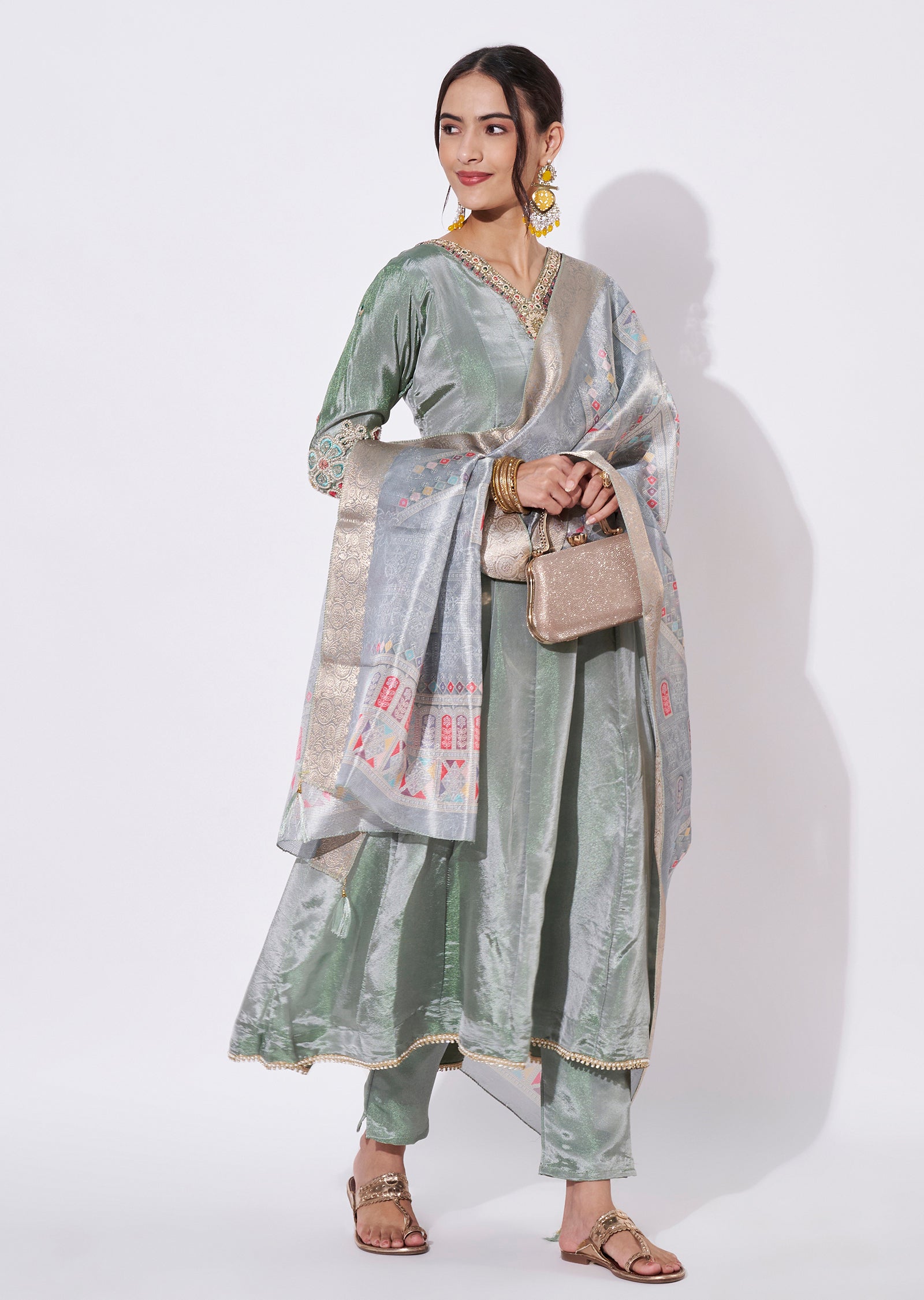 Dusty Green Silk Anarkali Suit