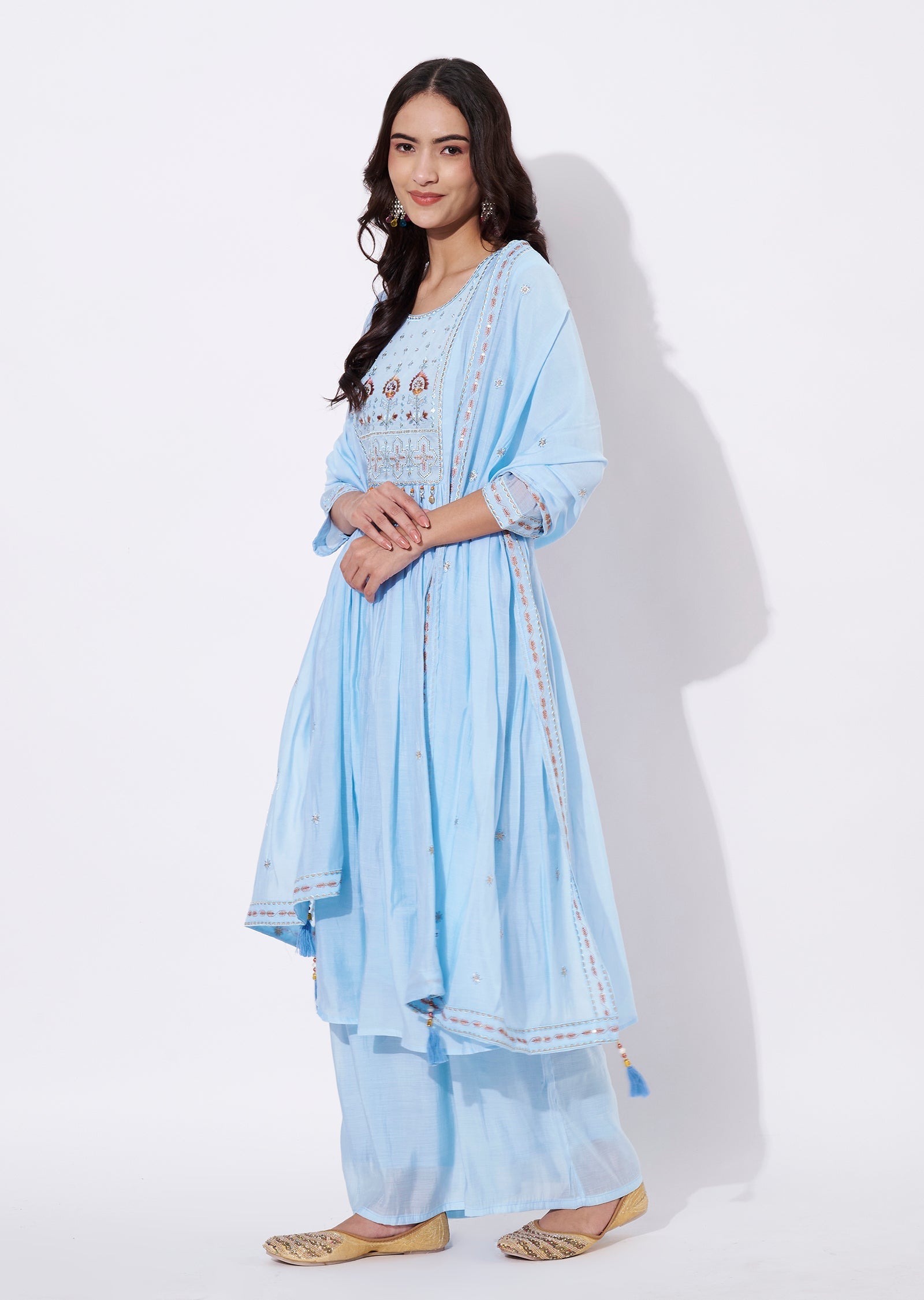 Sky blue Mul Chanderi Anarkali Suit