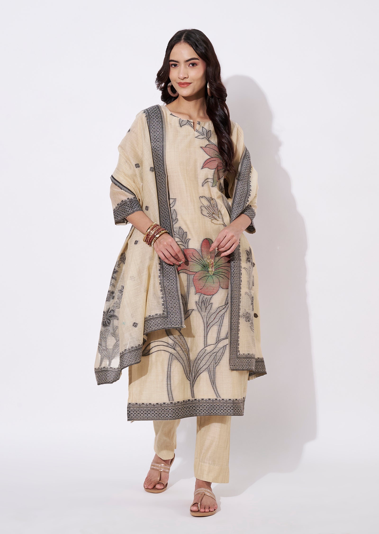 Beige Chanderi Straight cut suit