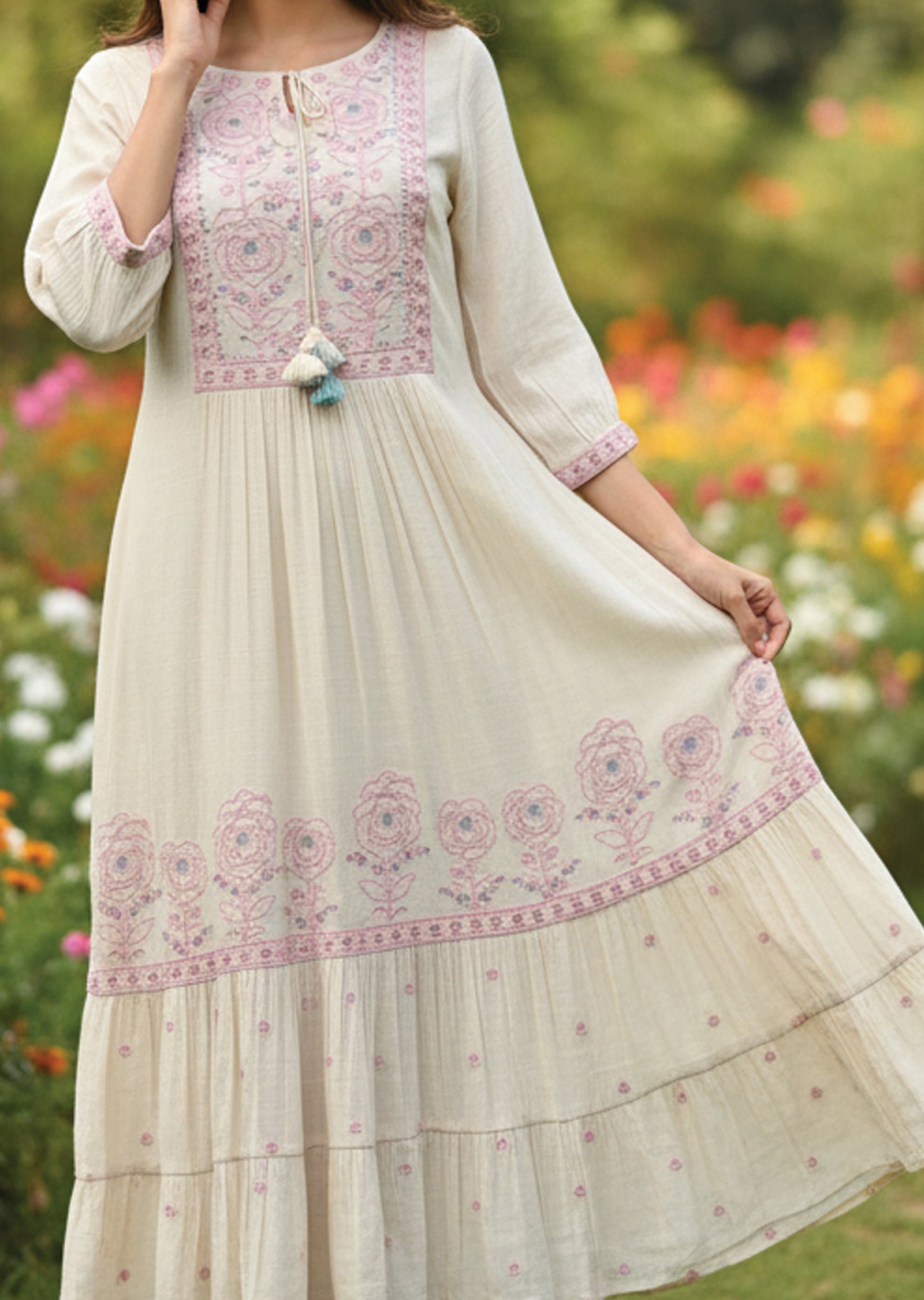 Cream Linen Georgette Frock Kurti