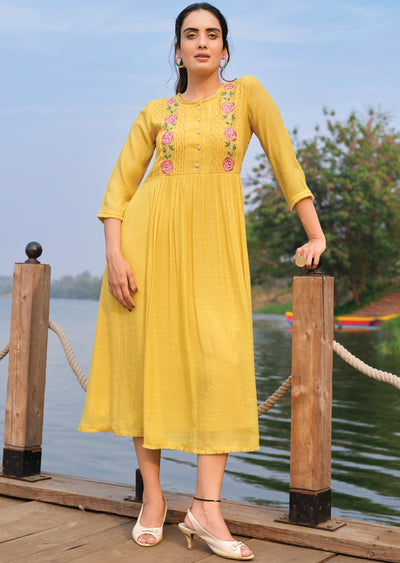 Yellow Linen Georgette Frock Kurti