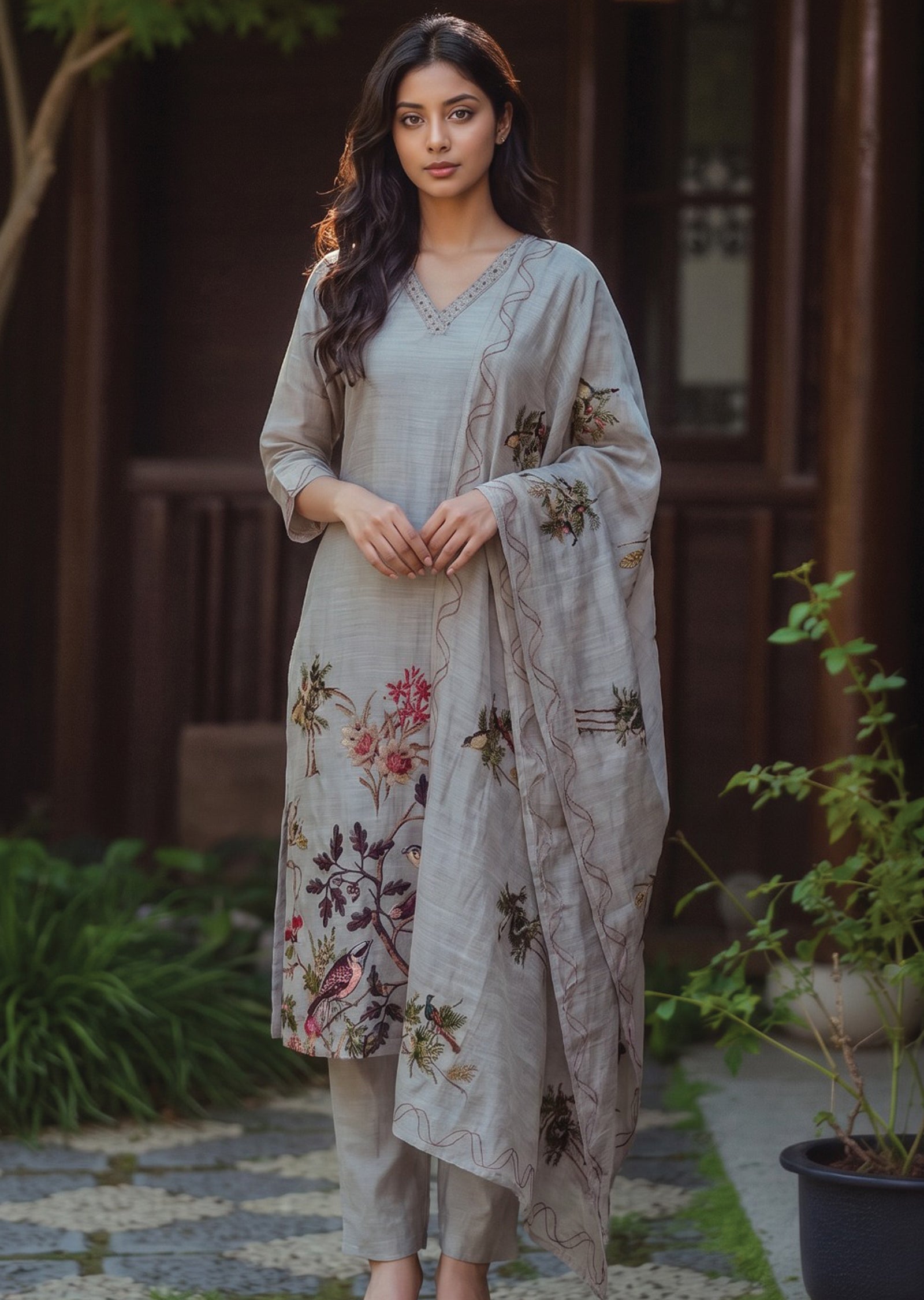 Grey Linen Anarkali Suit