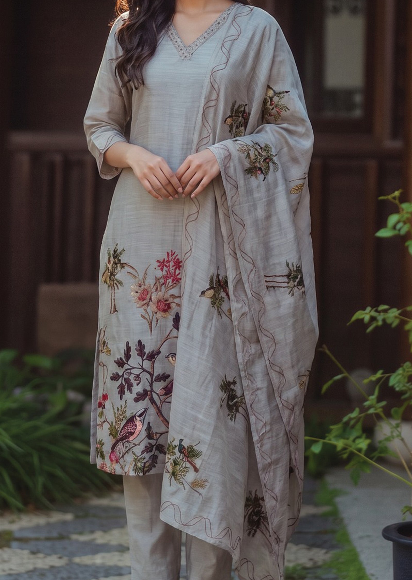 Grey Linen Anarkali Suit
