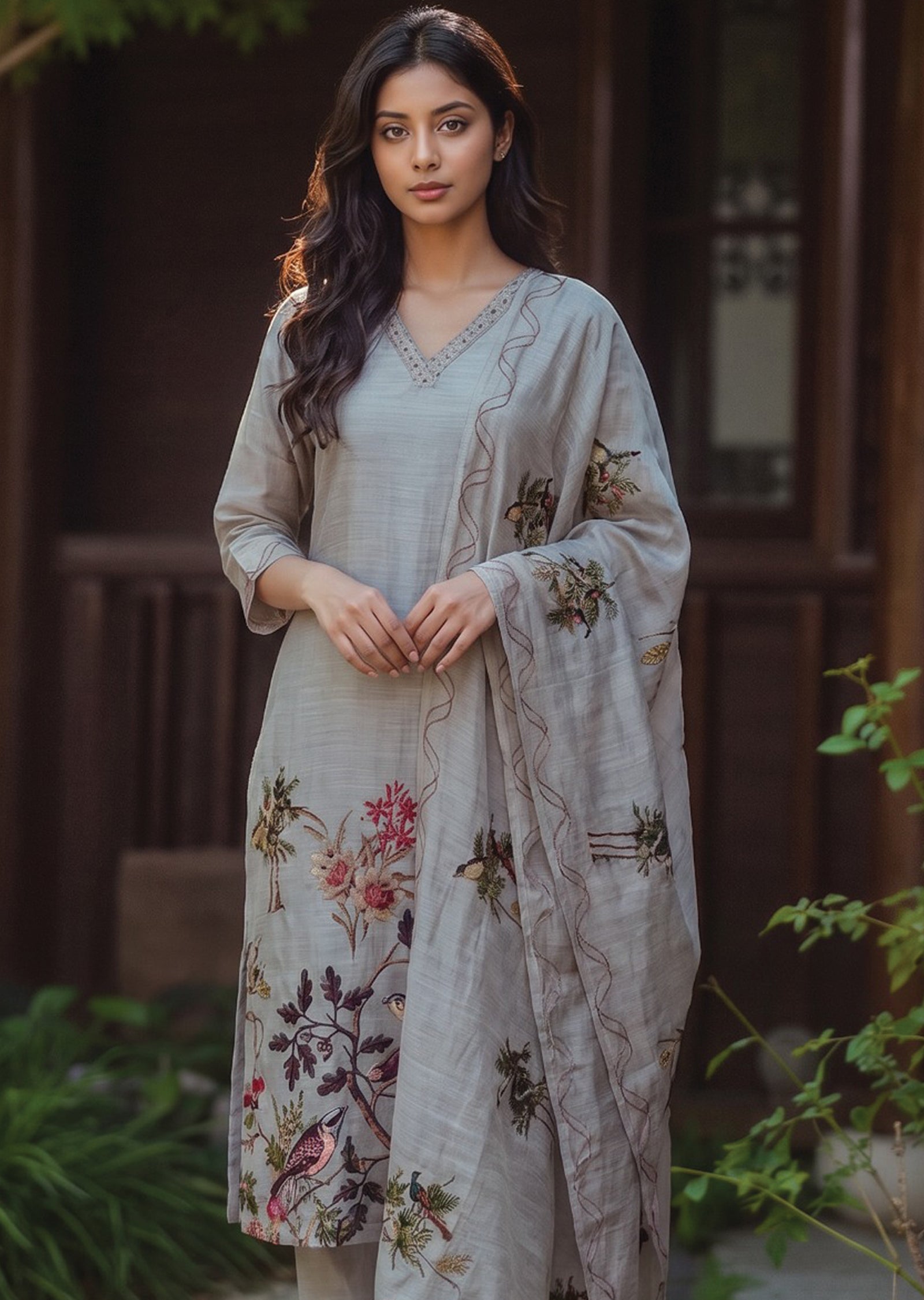 Grey Linen Anarkali Suit
