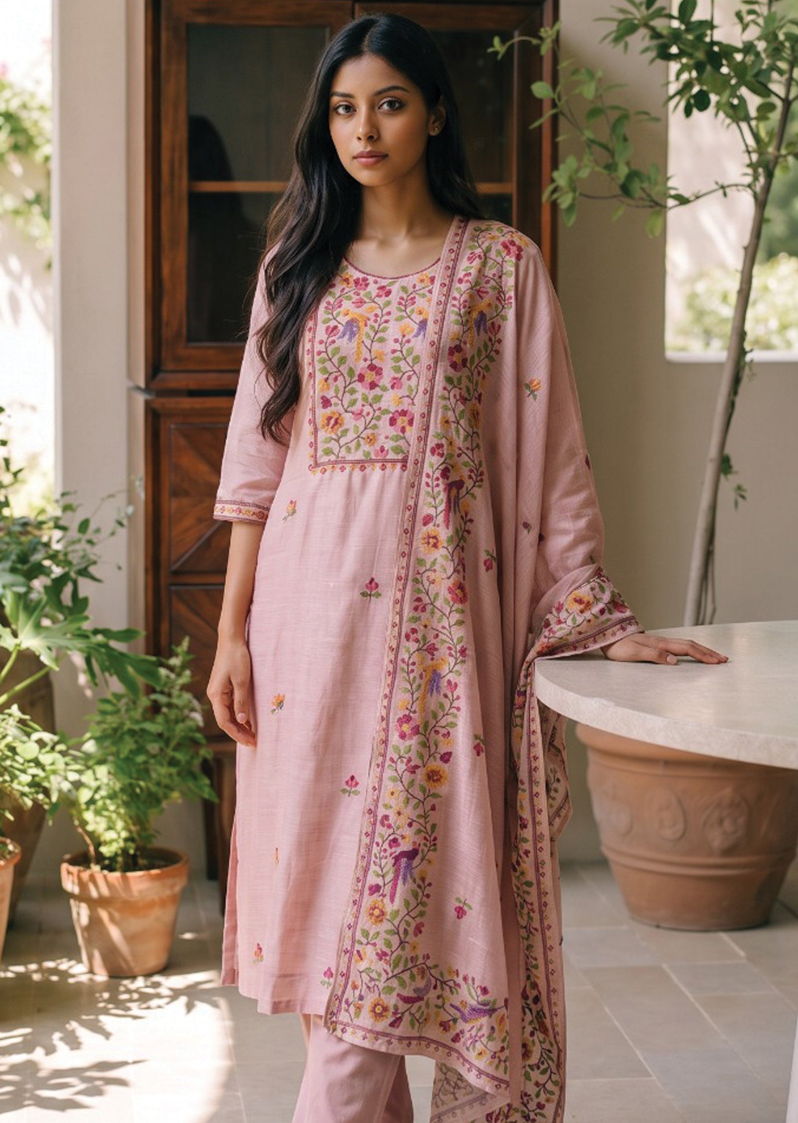 Pink Linen Anarkali Suit