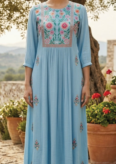 Blue Linen Georgette Frock Kurti