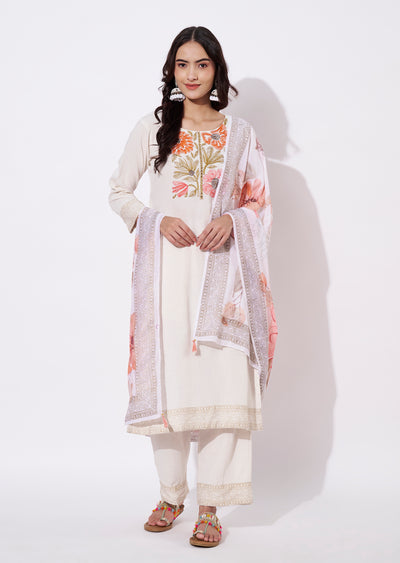 Off White Cotton Straight cut suit