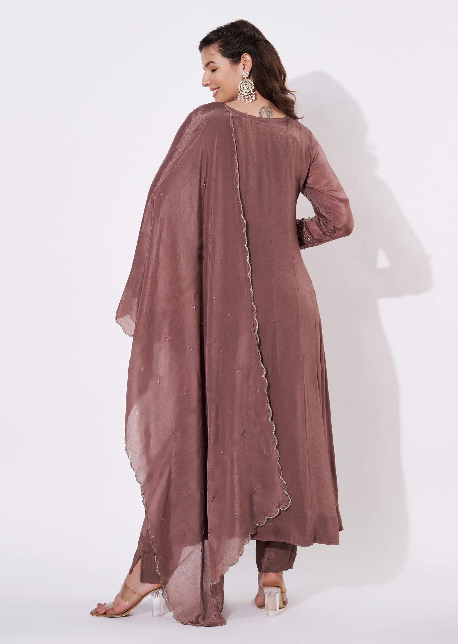 Brown Chinnon Anarkali Suit