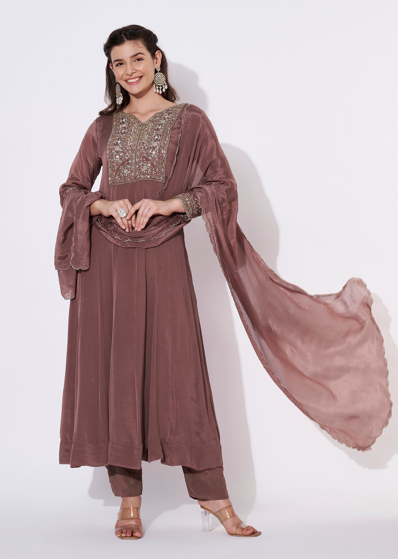 Brown Chinnon Anarkali Suit
