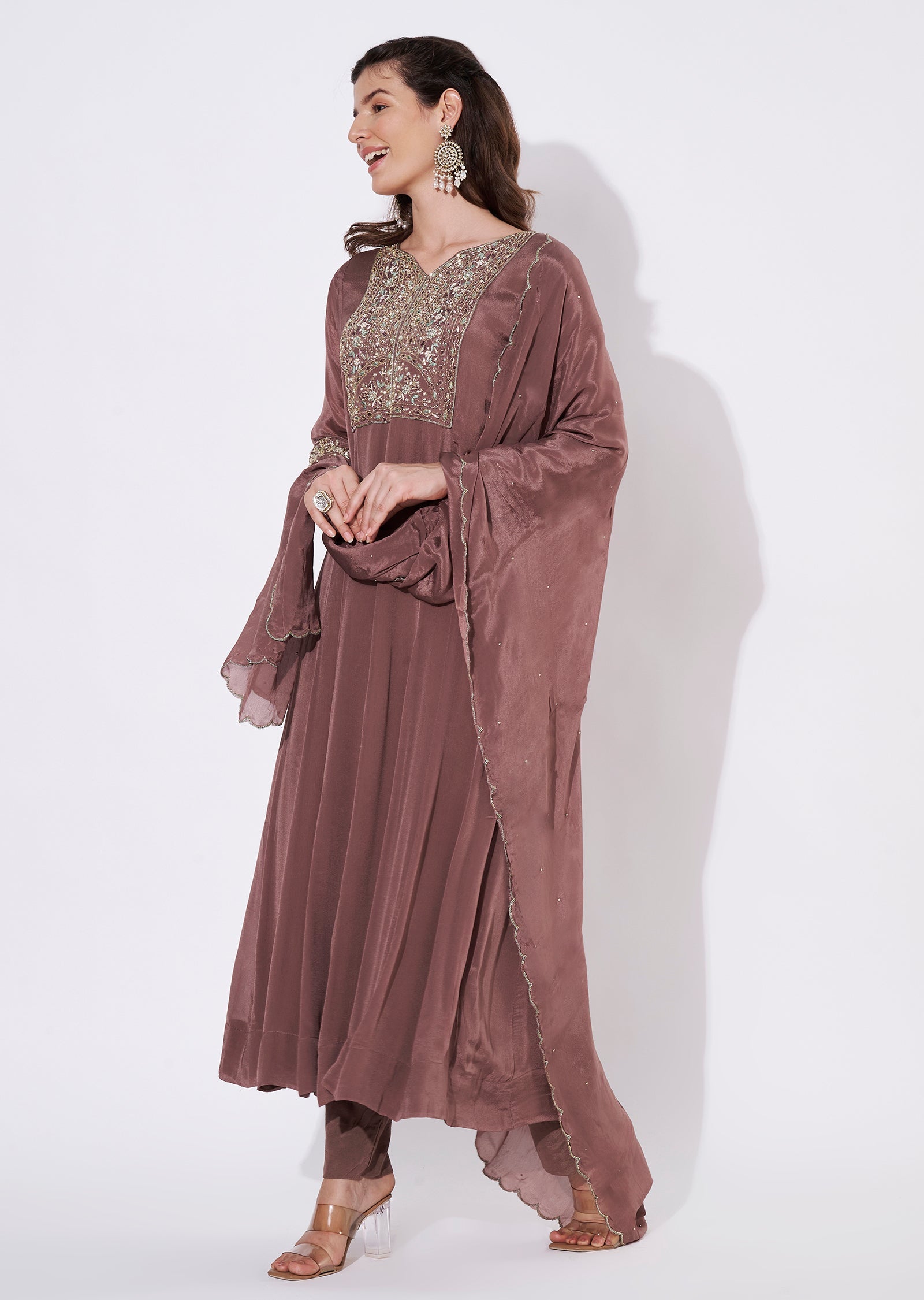 Brown Chinnon Anarkali Suit