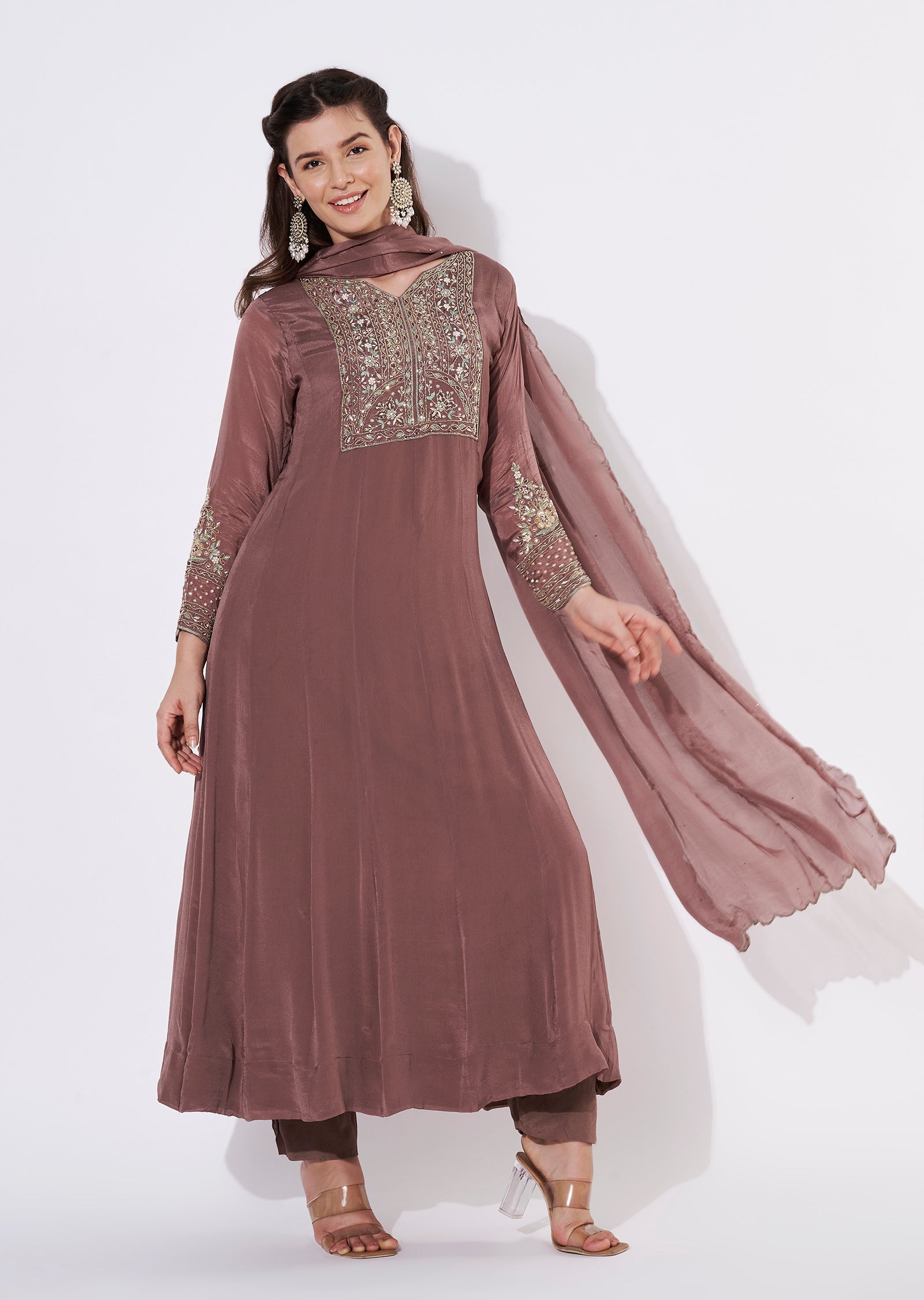 Brown Chinnon Anarkali Suit